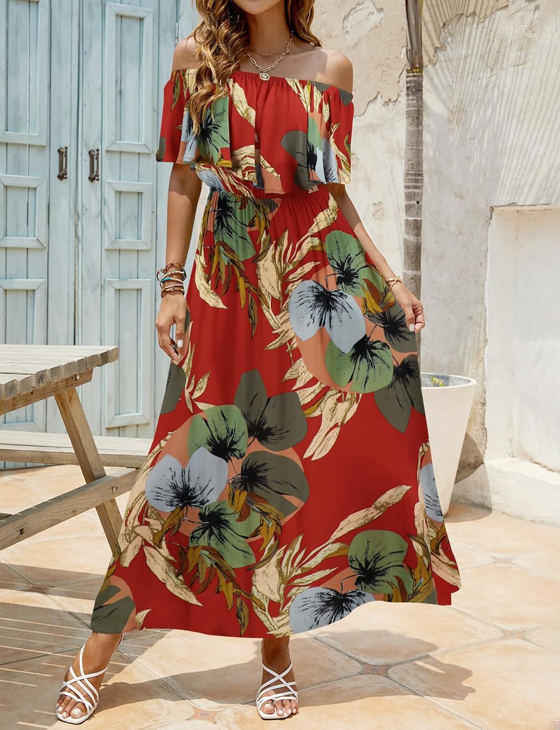 Bluetime Womens Maxi Dress Off Shoulder Floral Print Boho Beach Long Summer Dresses - Image 2