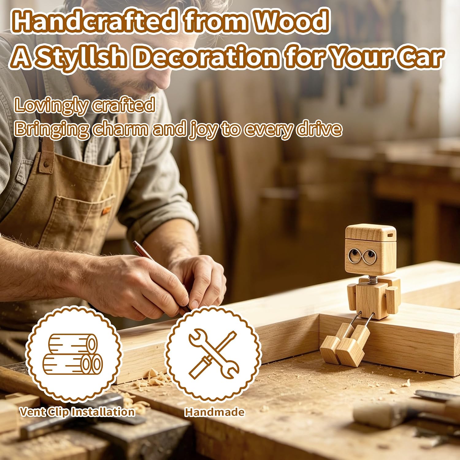 2-in-1 Wood Car Air Diffuser - Shaking Wooden Man Figurine, Wooden Car Dashboard Decorations, Shaking Feet Wooden Doll with Car Vent Clips, Funny Car Accessories Interior Gift