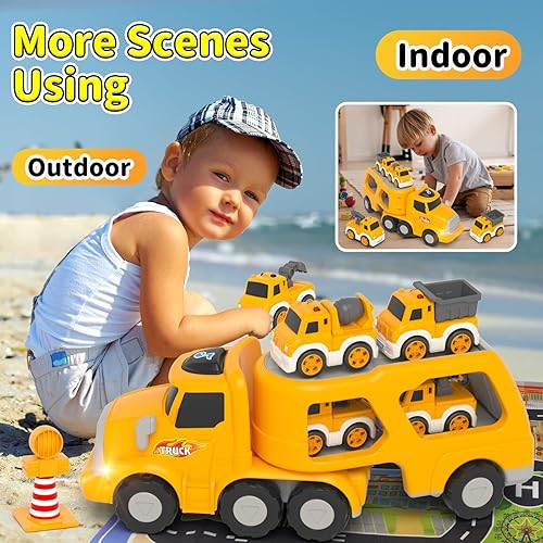 Miniatura 4 de Juguetes para niños de 1, 2, 3, 4, 5 años, 6 en 1, camiones de construcción con tapete de juego, juguetes de automóvil para niños pequeños, camiones