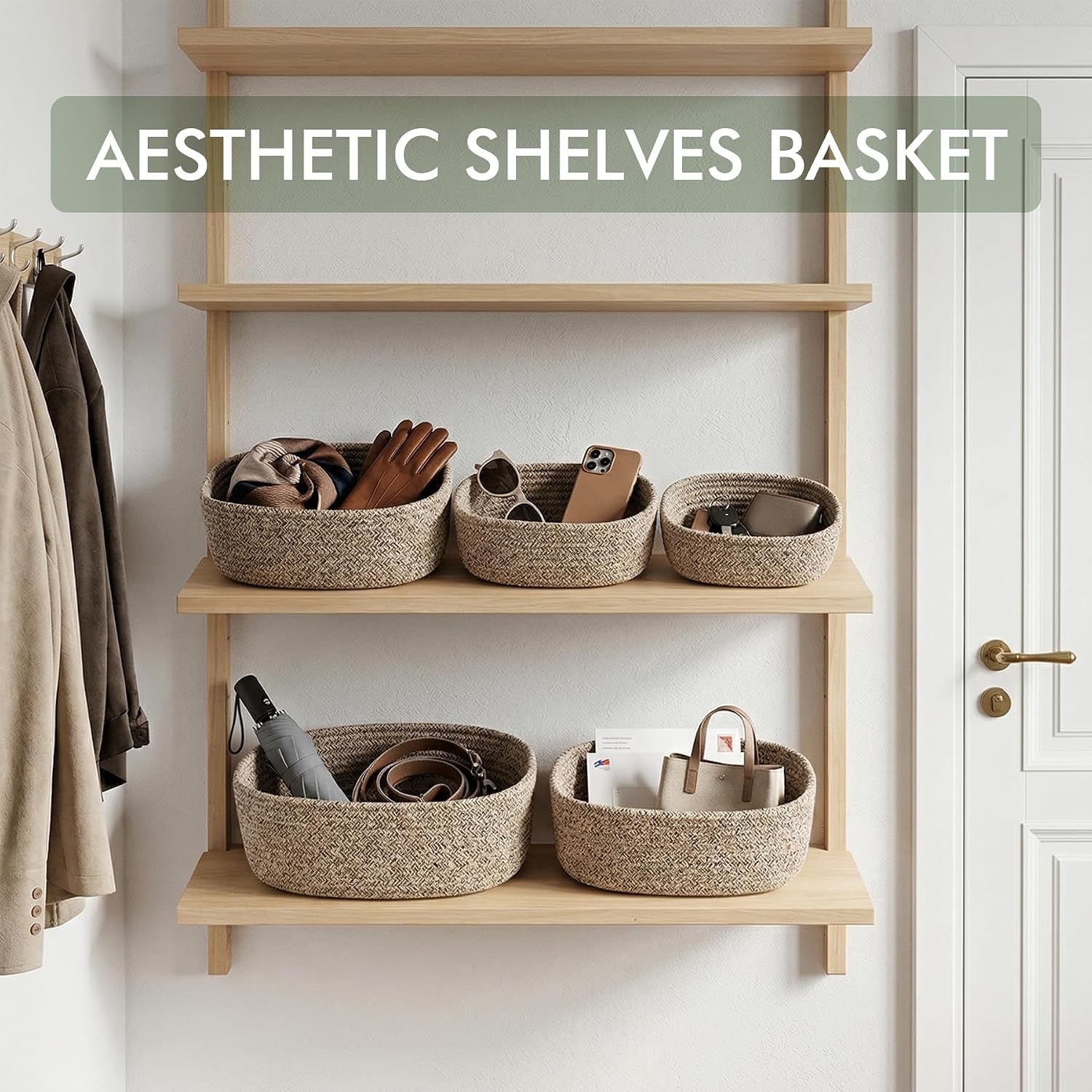 Woven Fabric Storage Baskets - 5 Pack Small to Large Graduated Size Set Soft Rope Shelving Organizers Boho Home Containers for Warm Relaxed Cozy Room Decoration (Flax Brown)