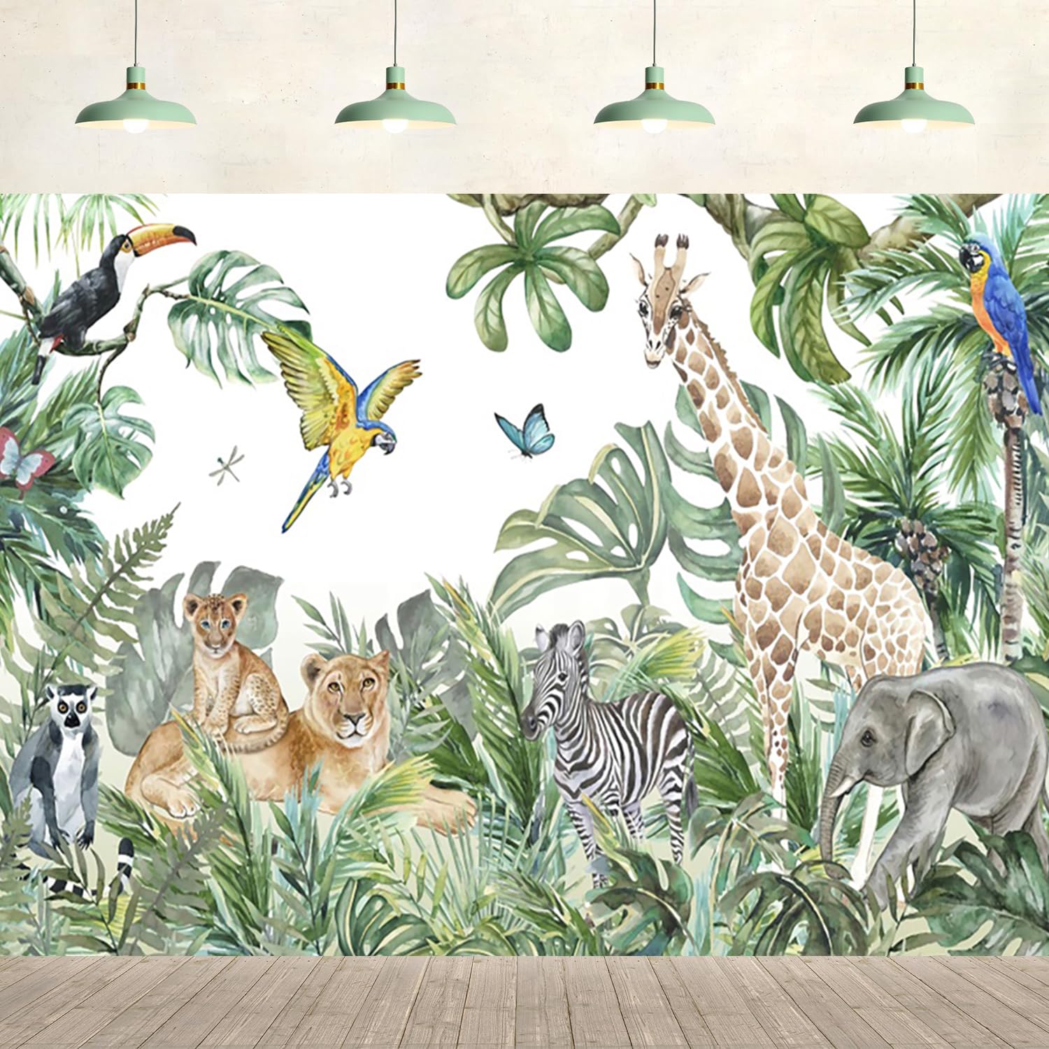 8x6ft Jungle Forest Safari Backdrop Animal Giraffe Lion Green Plants Tropical Leaves White Photography Background Nature Scenery Kids Adult Portrait