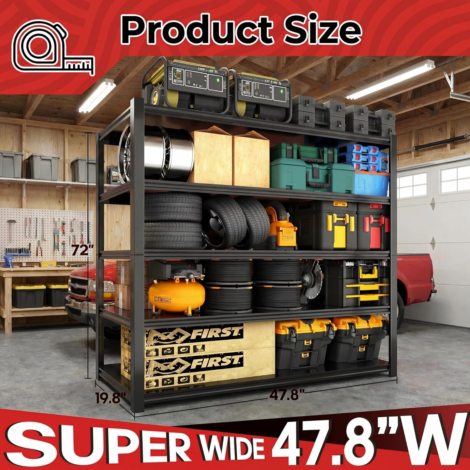 Heavy Duty Garage Shelving, 47.8" W x 19.8" D x 72" H, 3150LBS Capacity 5-Tier Metal Storage Shelves, Boltless Adjustable Garage Storage Rack for Basement, Warehouse, Pantry, Black