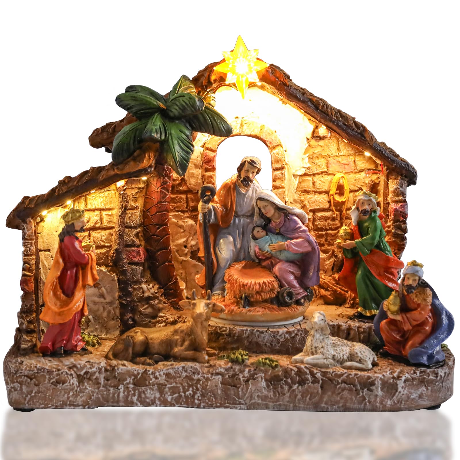 Belén de Navidad para interiores con Sagrada Familia y estrella luminosa
