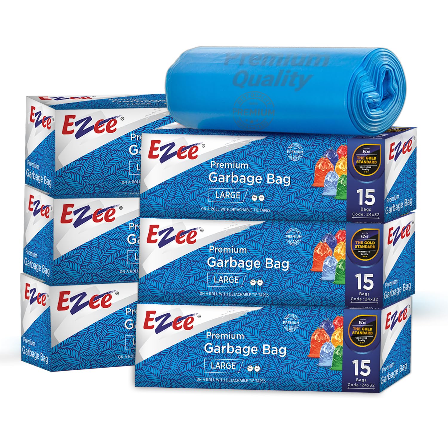 Ezee Plastic Blue Garbage Bags Large 90 Pcs | 15 Pcs | 24 x 32 Inch | Dustbin Bags/Trash Bags/Dustbin Covers for Wet and Dry Waste, Set of 1
