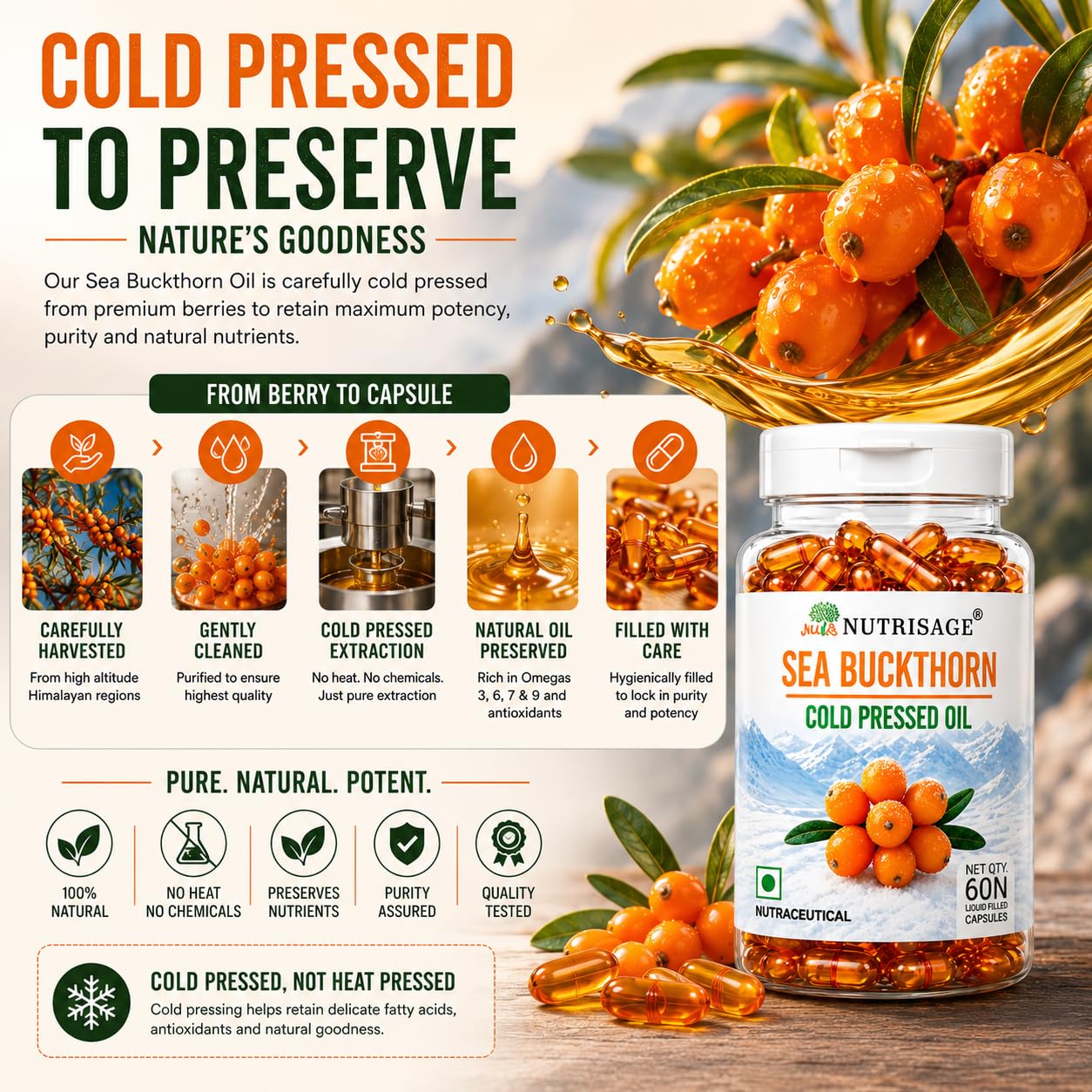 Sea Buckthorn Oil Capsules 1200mg Daily Serving | Cold Pressed Himalayan Omega 7 Formula | Supports Skin Hydration, Glow, Hair & Whole Body Wellness | Omega 3 6 7 9 | 60 Capsules — Amazon image 7
