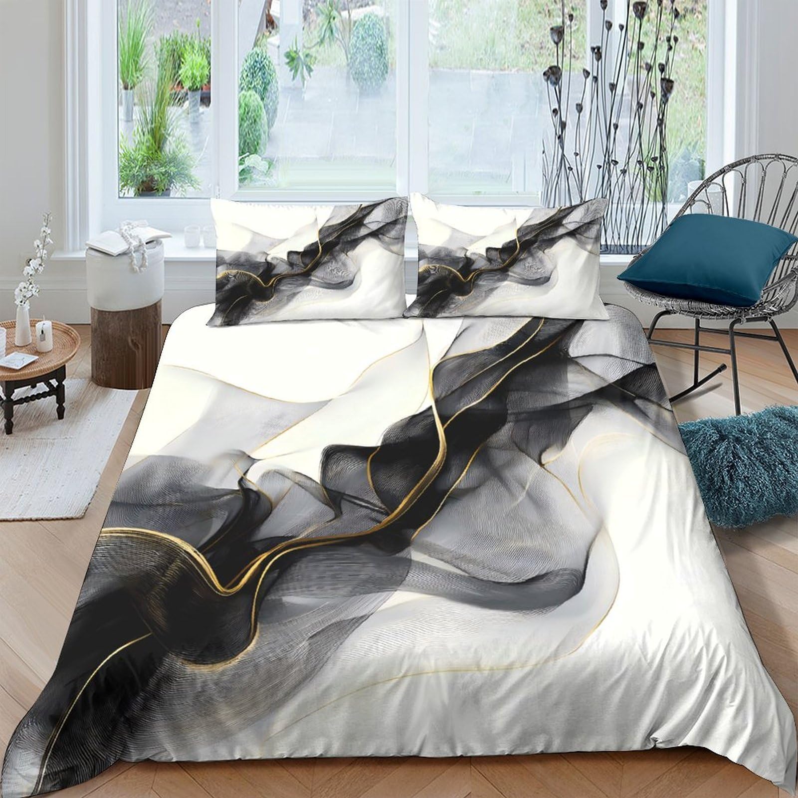 GPLZQXKJNH 3D Printed Abstract Ink Black Gold Duvet Cover Microfiber Soft Breathable Marble Bedding Set with 2 Pillowcases for Bedroom Decor Single（135x200cm）