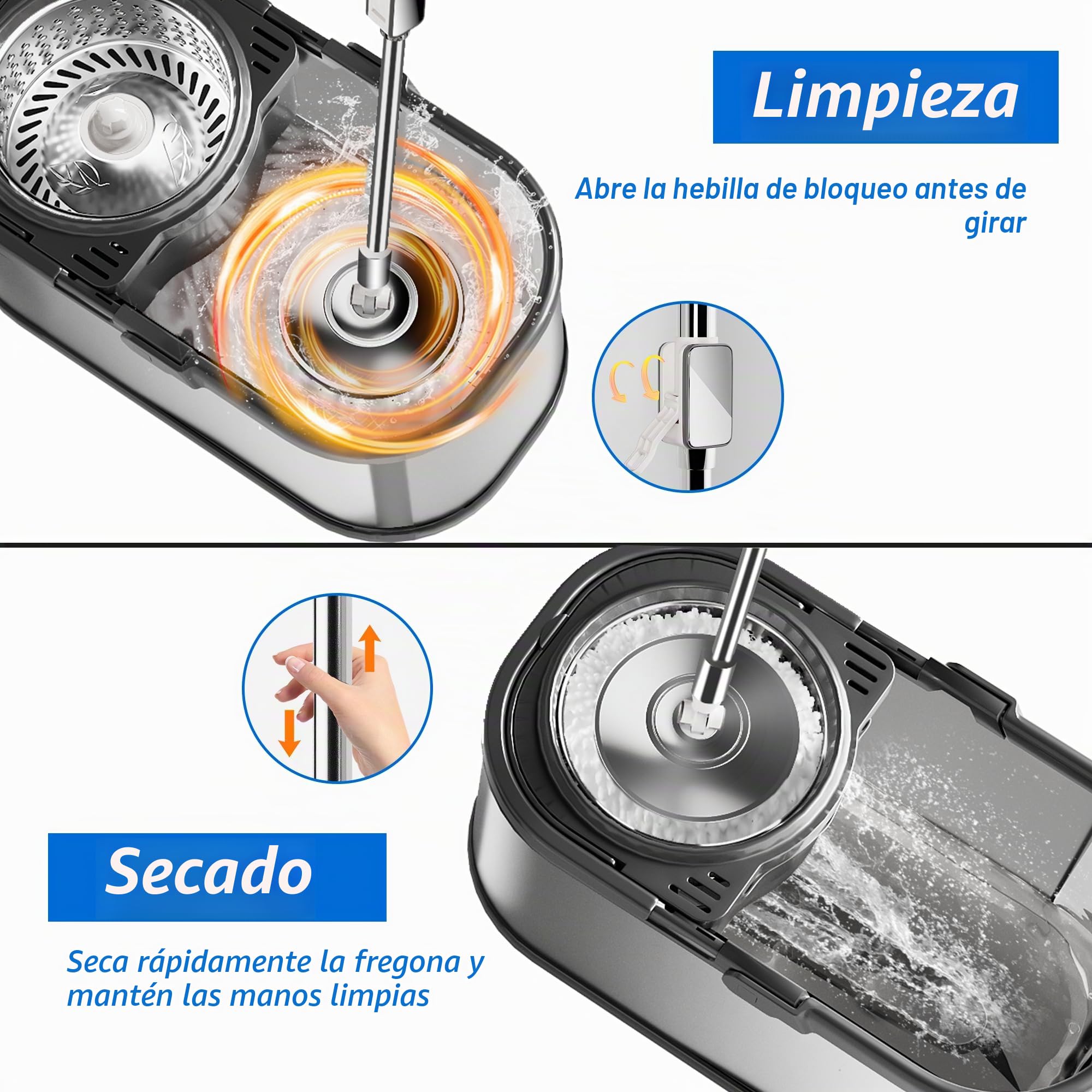 Sistema de Cubo de fregona de Ciclo Giratorio de Acero Inoxidable y Juego de fregona giratoria de 360° para Limpieza de Suelos con 6 Almohadillas de Repuesto de Microfibra, Mango Ajustable de Acero