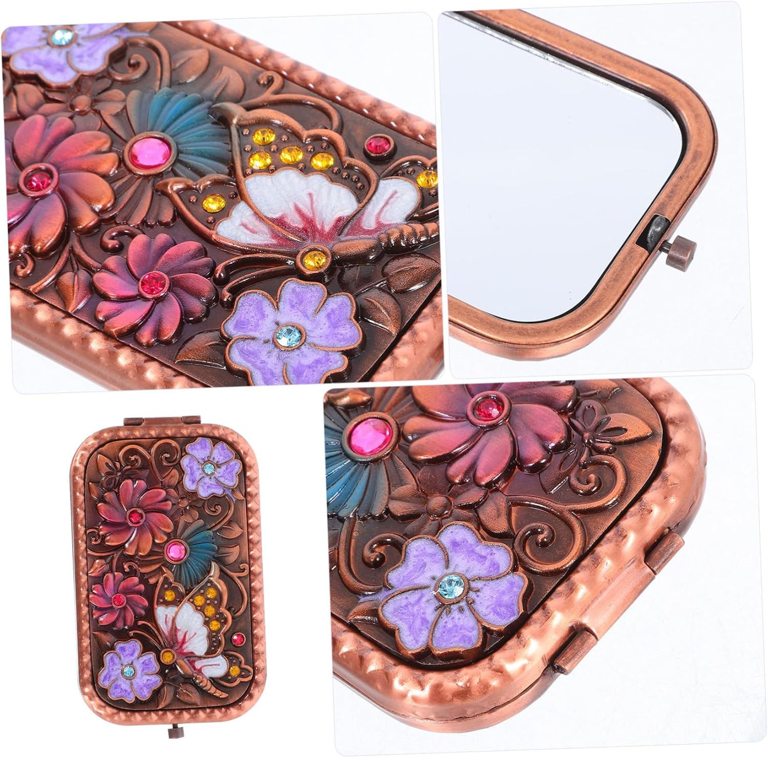 VICASKY 1pc Vintage Double-Sided Pocket Makeup Mirror Foldable Portable Cosmetic Mirror for Travel Chic Design for Women Lightweight Handheld Accessory image 3