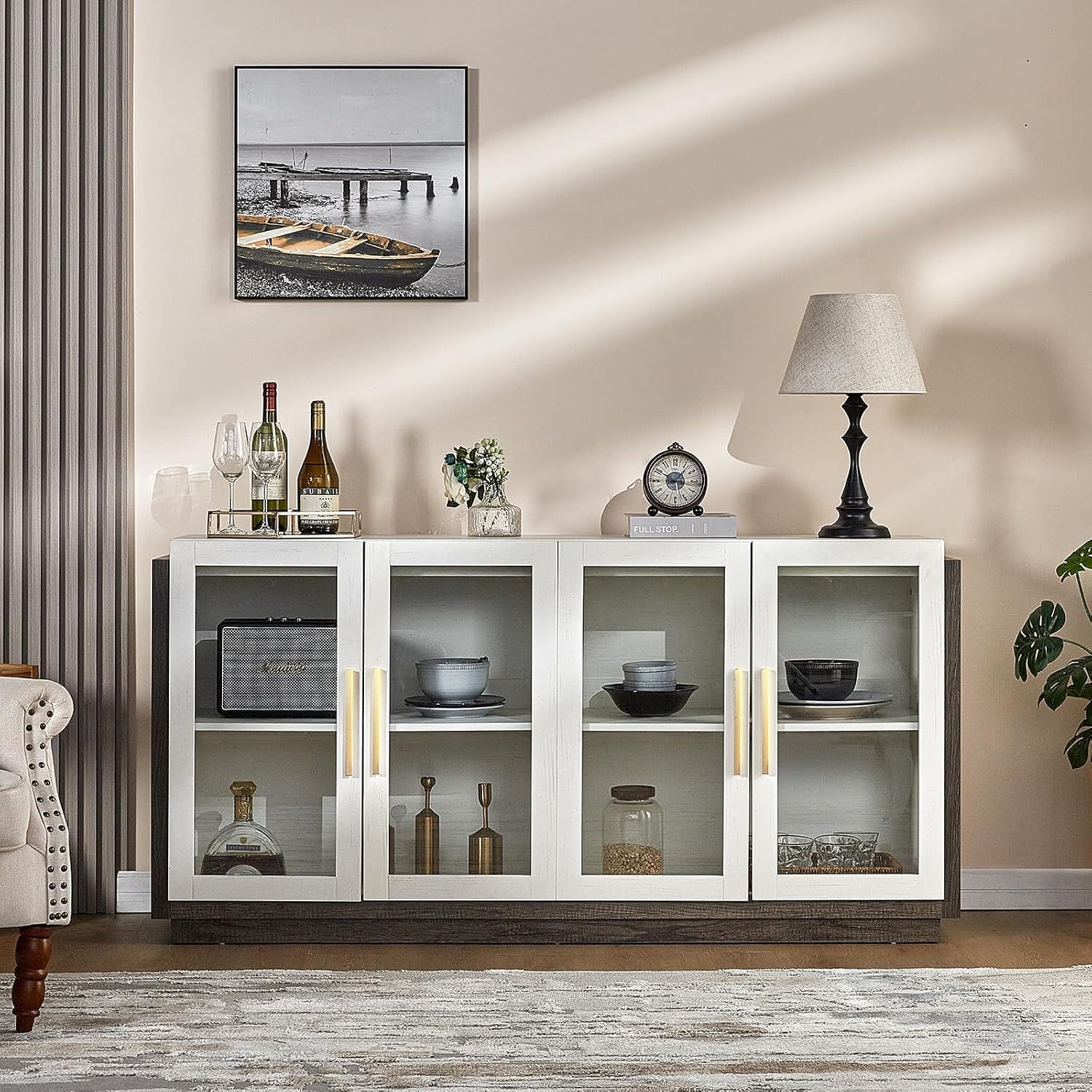 Amazon.com: LUXOAK 64" Sideboard Buffet Cabinet with Glass Doors & LED ...