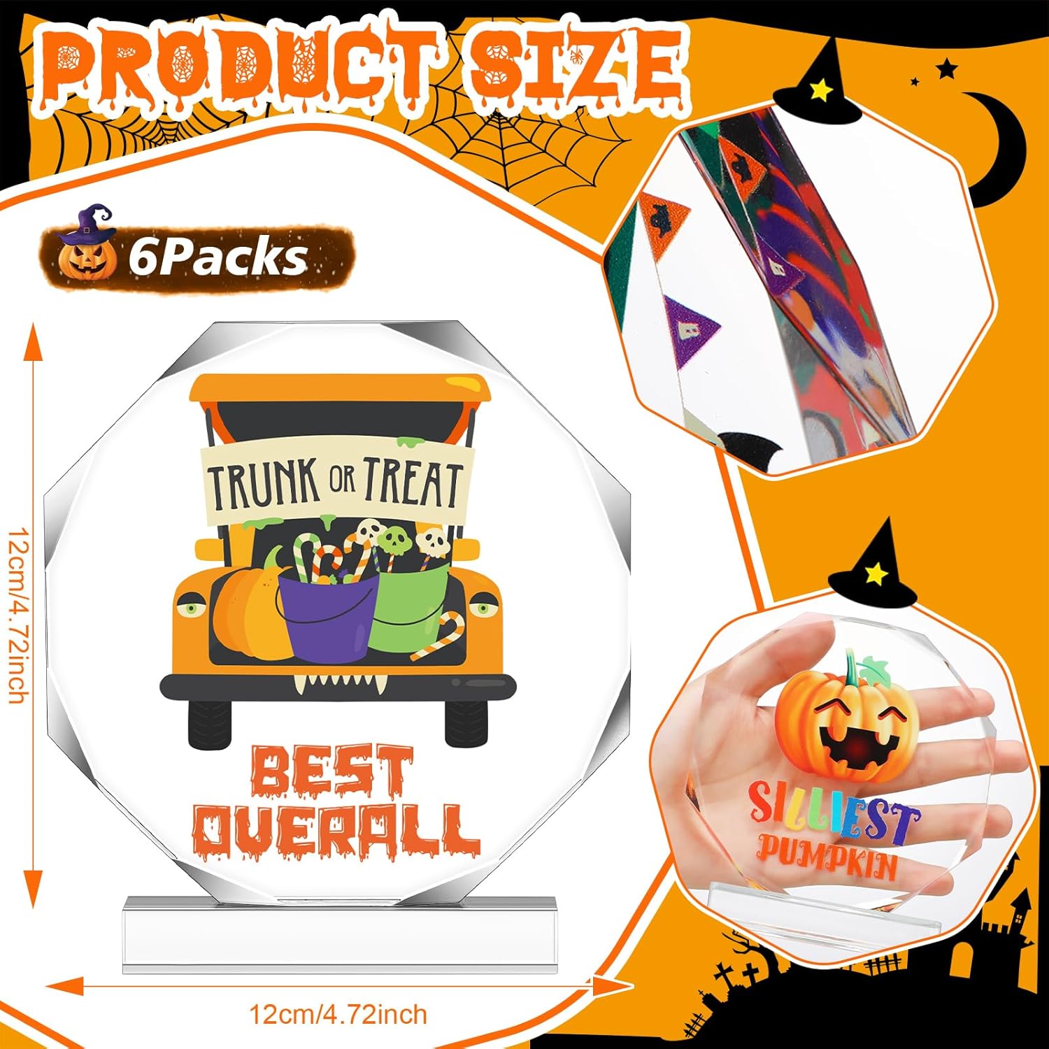 Geetery 6 Pcs Halloween Acrylic Award 4.72'' Halloween Party Supplies Trophy Award Funny Contest Trophy Plaques for Pumpkin Contest Winner Party