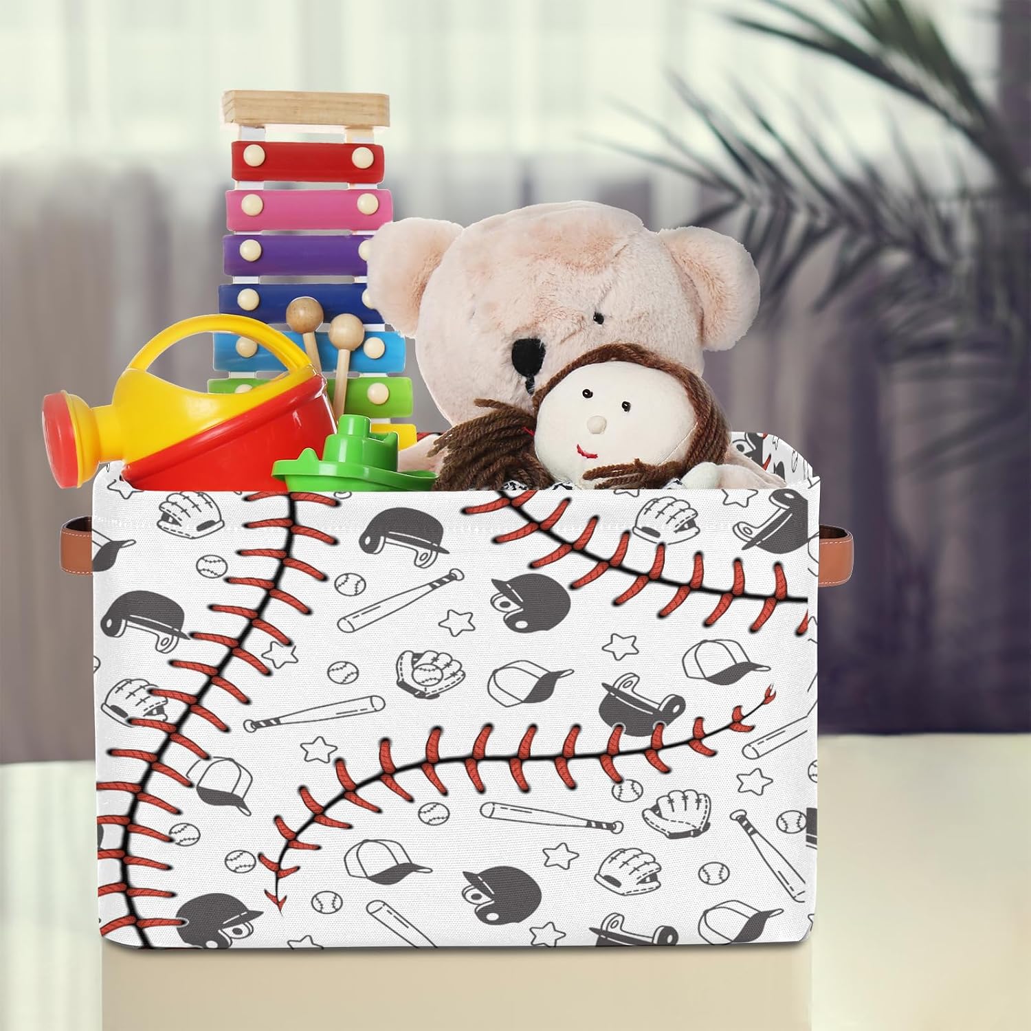 Baseball Storage Basket, Sports Theme Softball Large Storage Bins Box with Handles, Easter Gift Baskets Ideal for Baby Kids, Room Nursery Decor, Organizing Clothes, Toys, Books, Collapsible