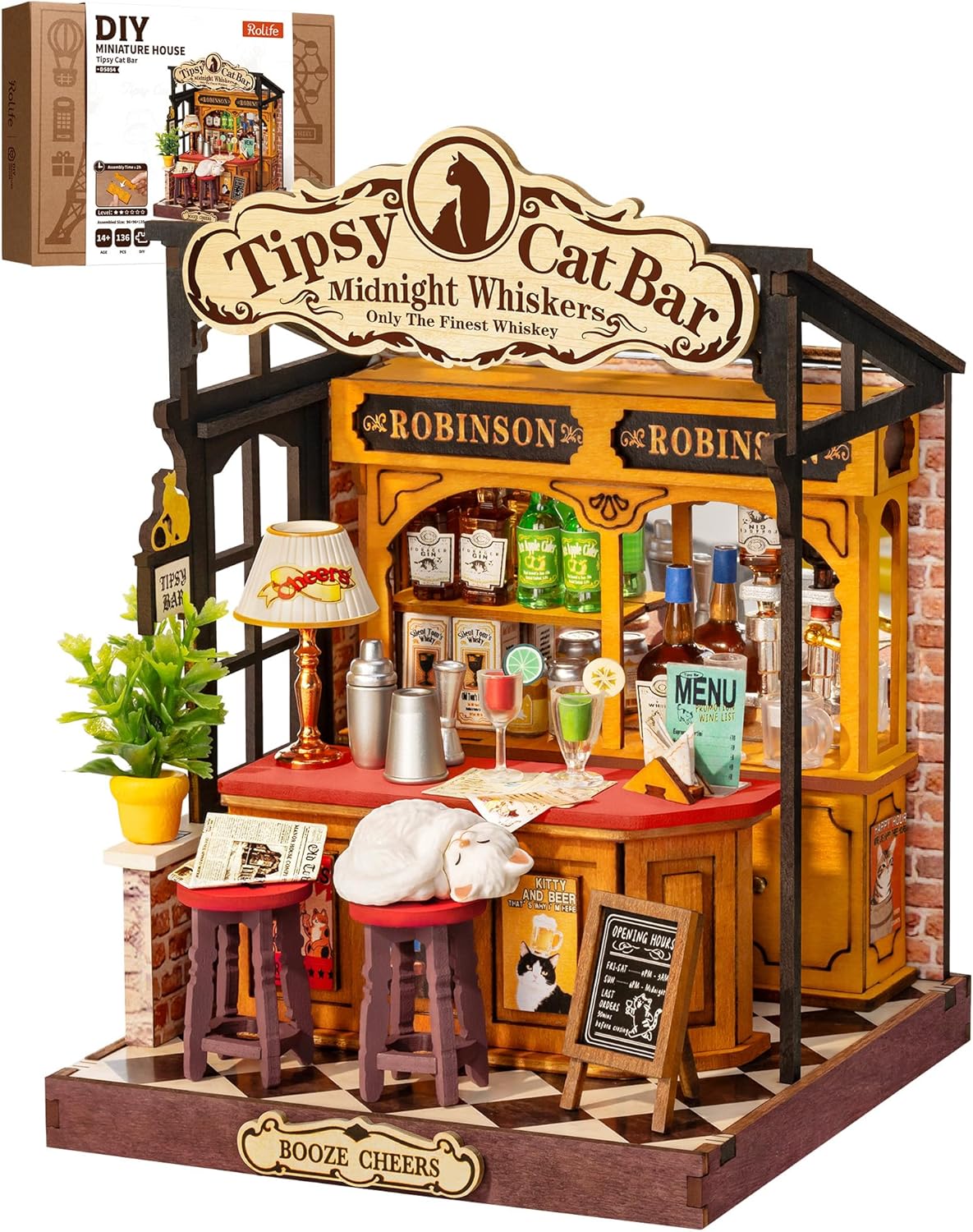 Rolife Miniature House Kit for Adults Tipsy Cat Bar DIY Wooden Dollhouse Kit Tiny Mini House Bookshelf Decor 3D Wooden Puzzle Hobby Crafts Gifts for Family Friends