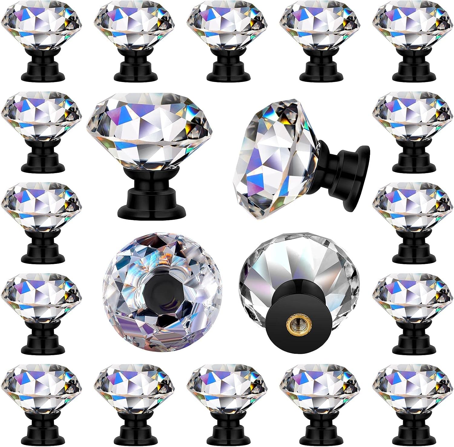 Hotop Cabinet Knobs Drawer Knobs, Crystal Knobs Glass Cabinet Knobs Clear 30mm Diamond Knobs Pulls Handles with Screws for Kitchen Office Bathroom Cabinet (Black,30 Pieces), 5 in (Hole Center)