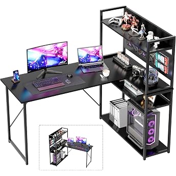 Alebert Gaming Desk, Computer Desk, L-Shaped Desk, Width 47.2 inches 120 cm, Rack Included, Outlets 2 AC Outlets, Storage, L-Shape, PC Desk, Corner Desk, Work, Study, Stylish, Black