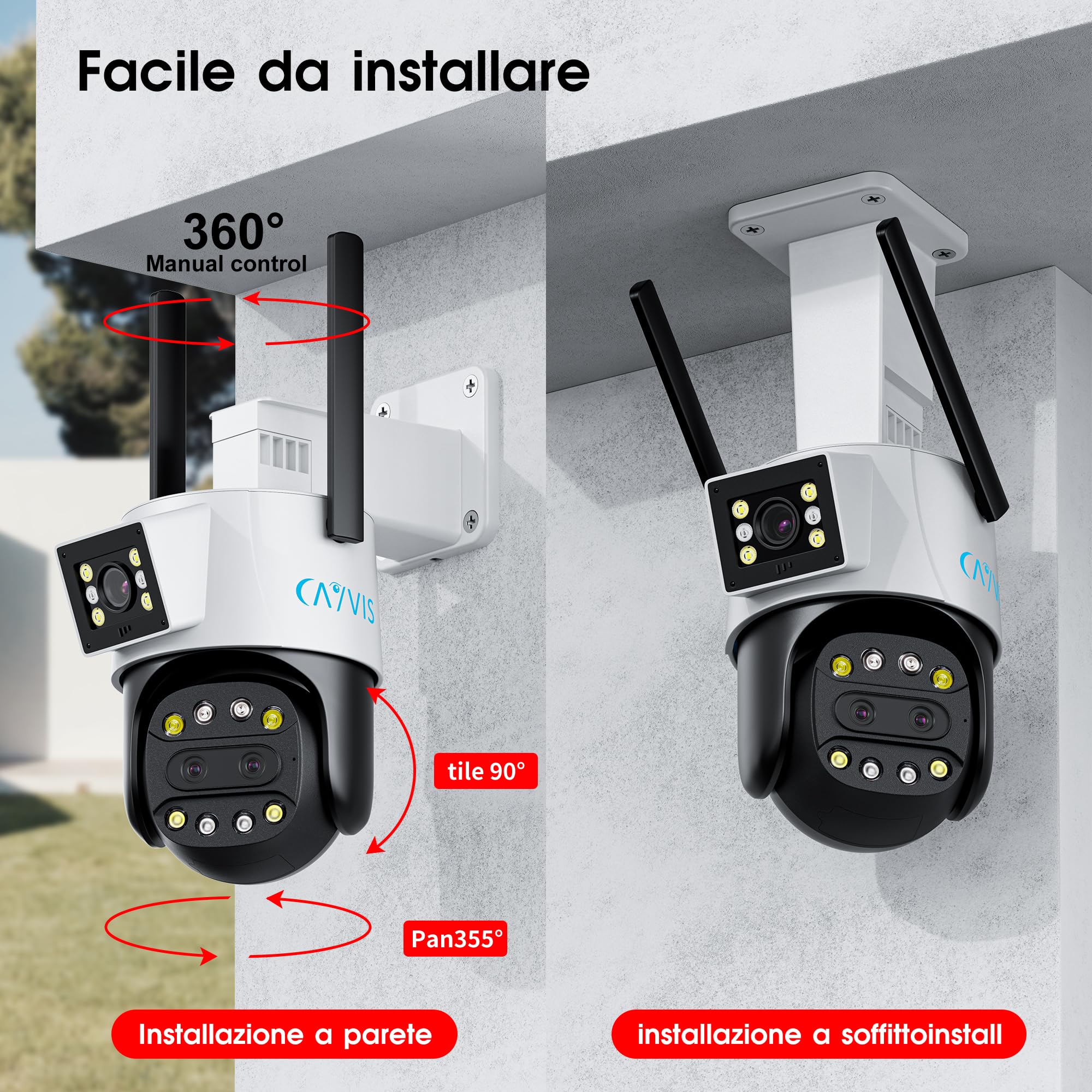 Telecamera Wi-Fi Esterno,Tre-Lente Doppia-Visione, 2,4G FHD1080P PTZ IP Videocamera Sorveglianza,Tracciamento Automatico,Visione Notturna a Colori, Audio Bidirezionale, IP66 (HD)