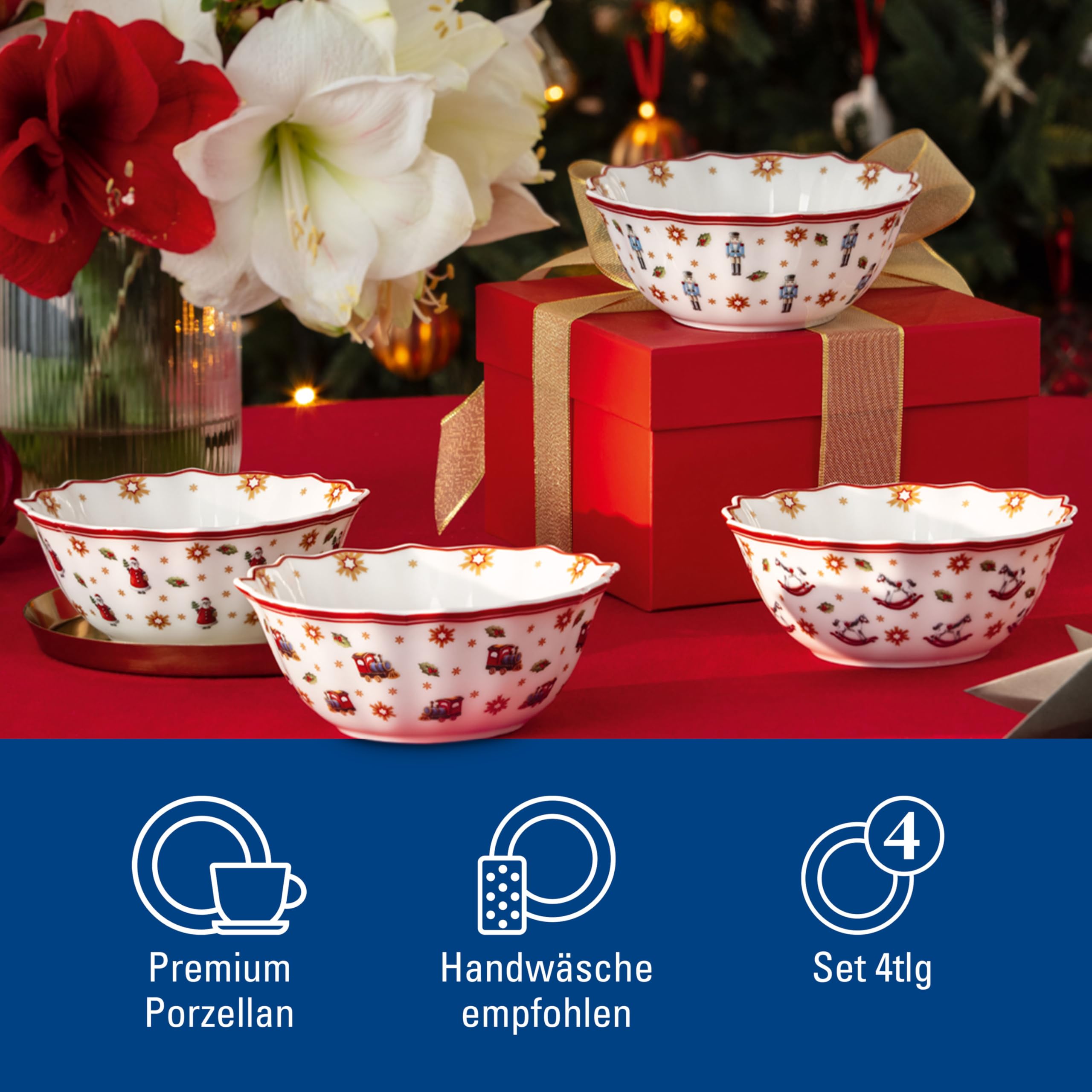 Villeroy & Boch - Toy's Delight Jubiläums-Schalen Set 4 teilig Bunt, Weihnachten, Schalen Set für 4 Personen, Schüsseln, Weihnachtsmotiv, Weihnachtsgeschirr, Premium Porzellan