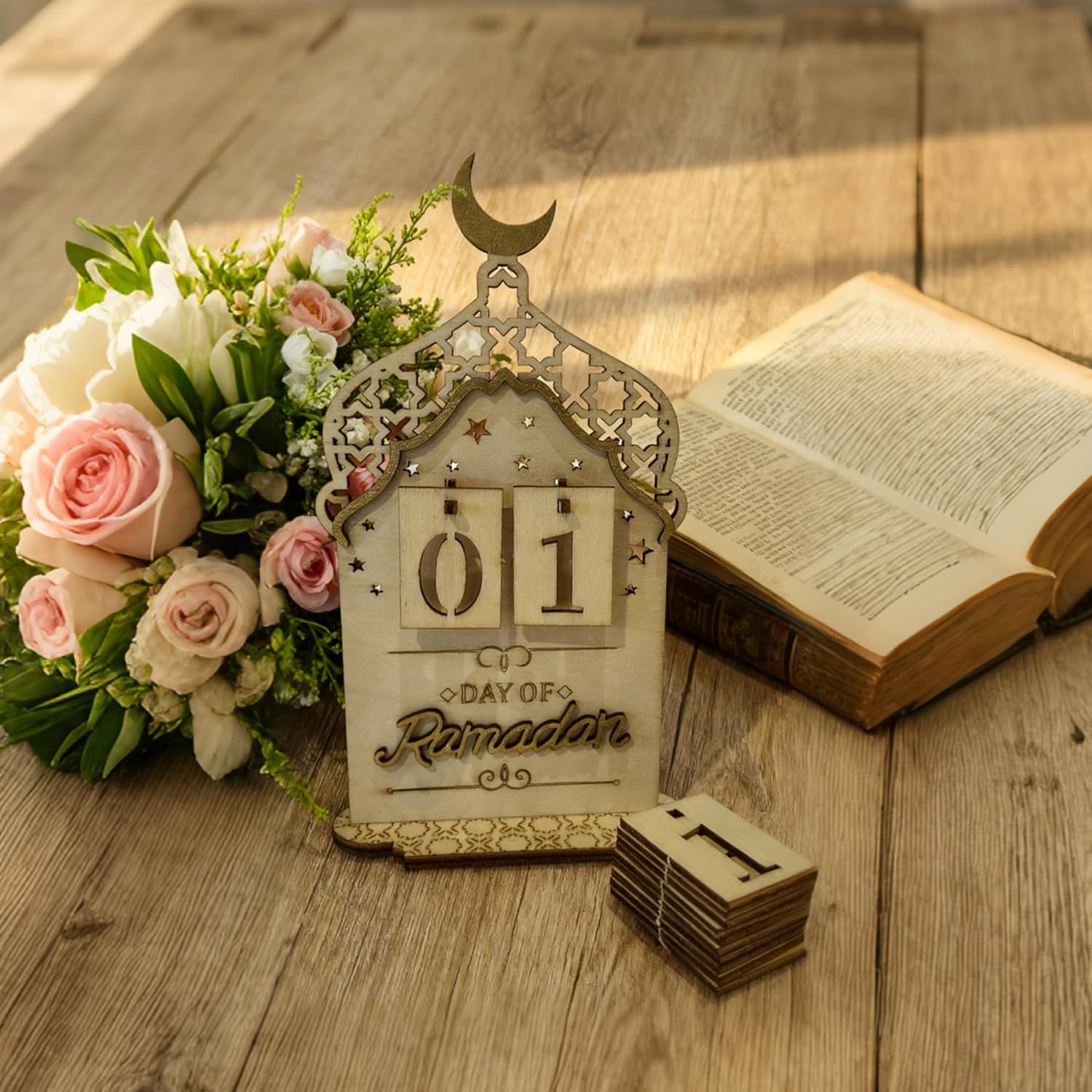 Ramadan Countdown Calendar Wooden, Eid Decoration for Home, Ramadan Day Counter for Mubarak Desk Decor, Office Tabletop Centerpiece, Islamic Tabletop Mosque Design Display with Crescent Moon - Image 5
