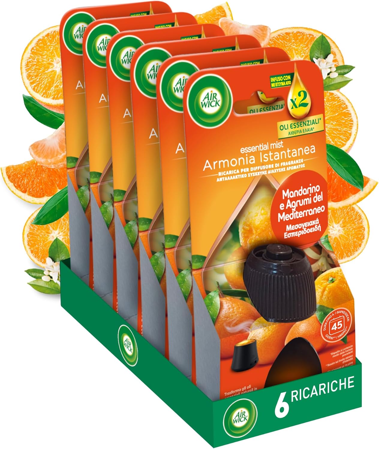 Ricariche per diffusore di oli essenziali Airwick Instant Harmony, confezione da 6, per deodorante per ambienti al profumo di mandarino e arancia dolce