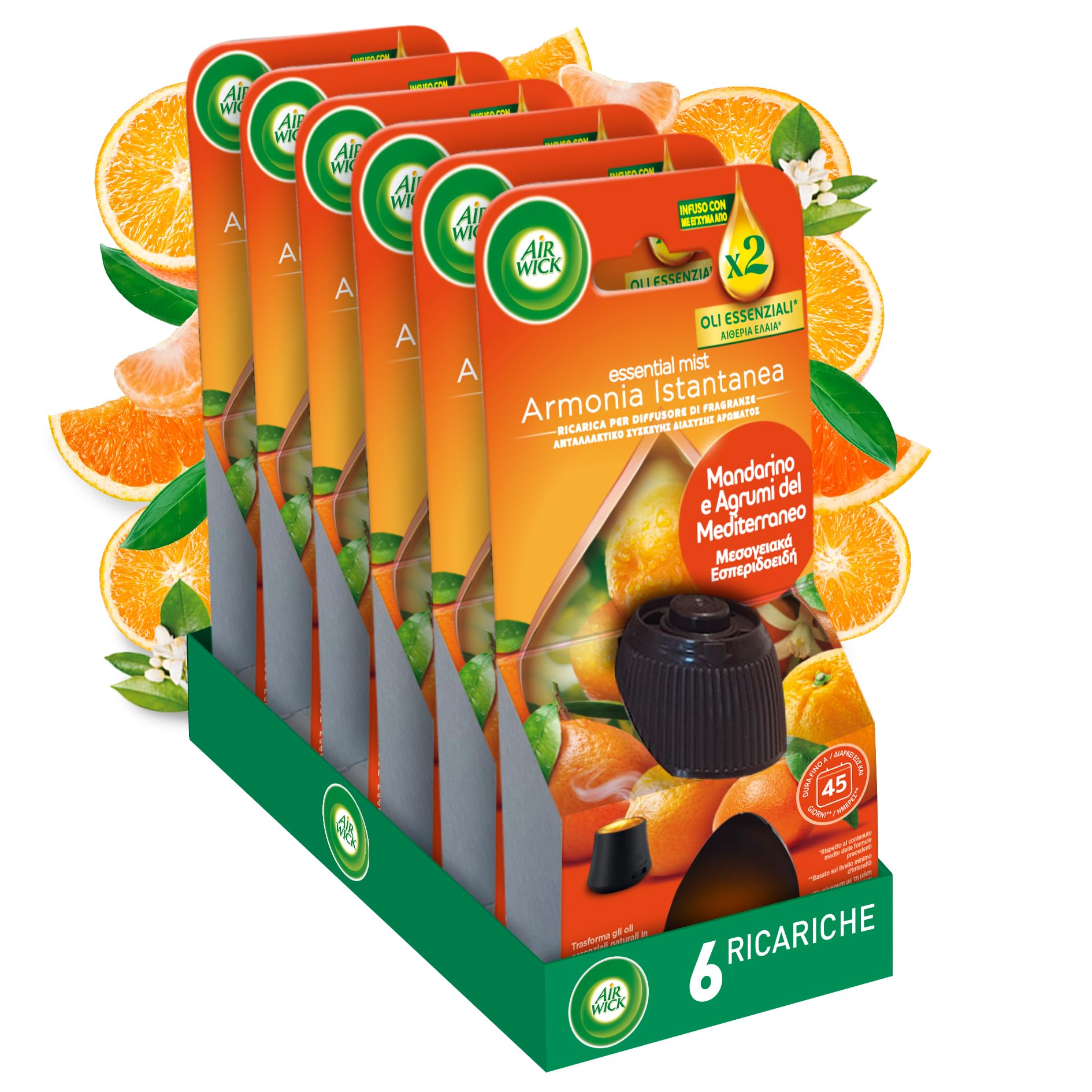 Airwick Ricariche per Diffusore di Oli Essenziali Armonia Istantanea, Confezione da 6 per Profumatore per Ambienti alla Fragranza di Mandarino e Arancia Dolce