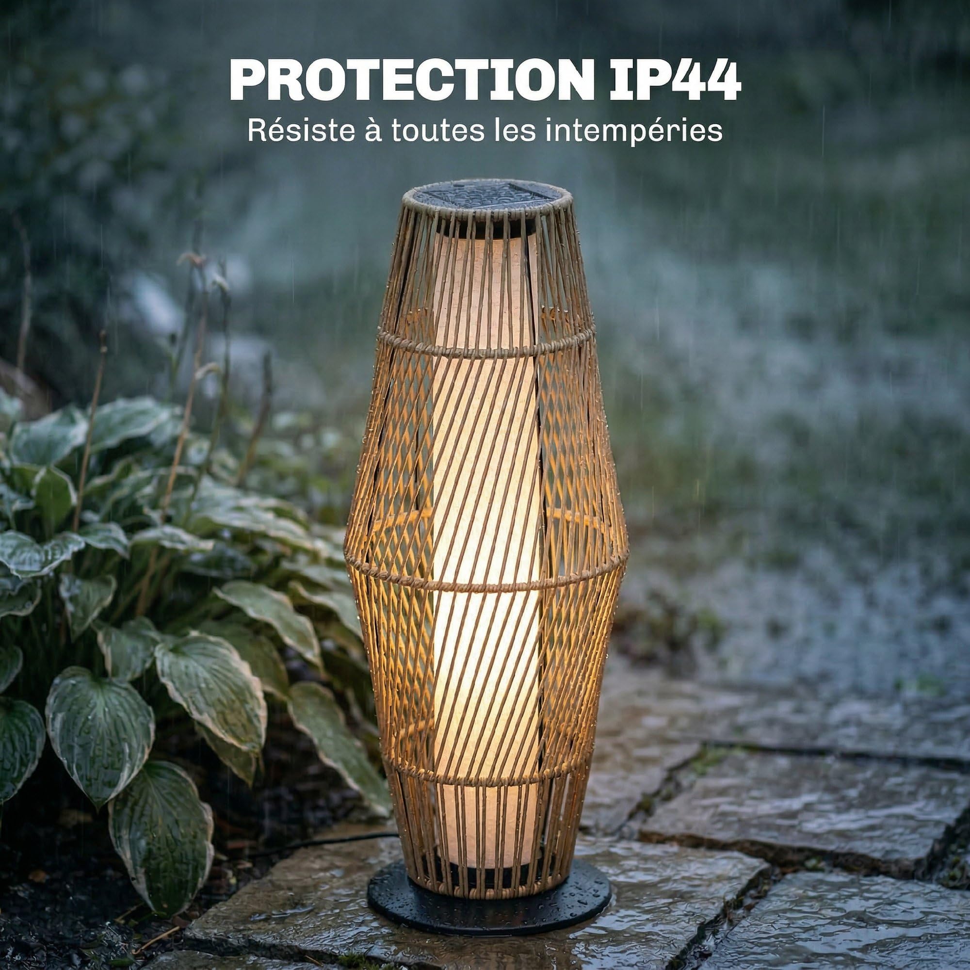 Outsunny Lanterne Solaire Extérieure en Résine Tressée avec Capteur de Lumière, Lampadaire LED Extérieur, 26x26x68cm, Sable