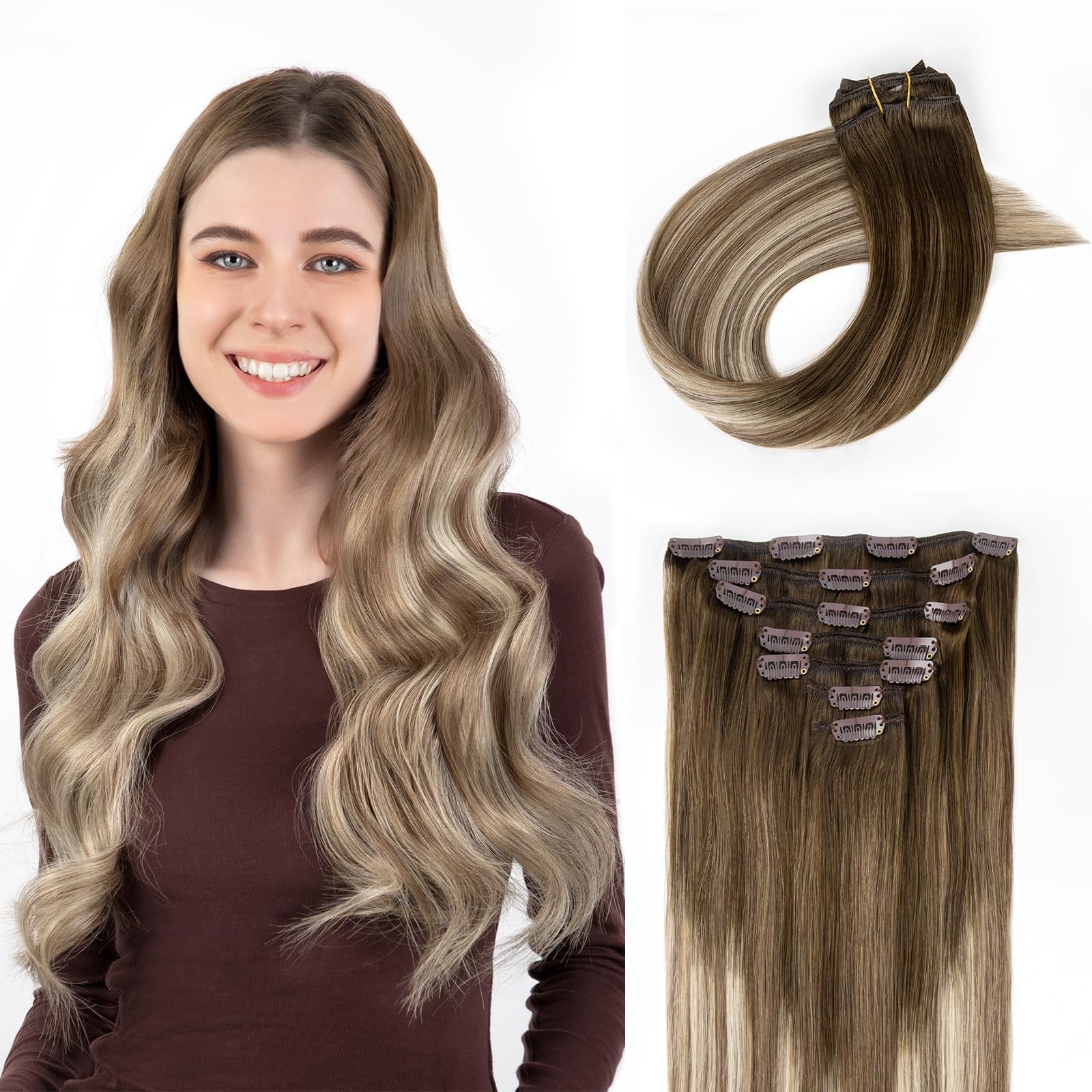 SOBEAUTY Hair Extensions Clip in, 100% Real Human Hair Extensions, 7 Pcs 120G Volume Invisible Clip in Human Hair Extensions