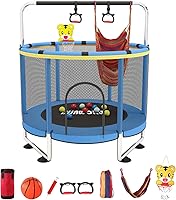 55 Inch Kids Toddler Trampoline with Basketball Hoop, 440lbs Enclosure Net, Adjustable Height Indoor Outdoor (Blue)