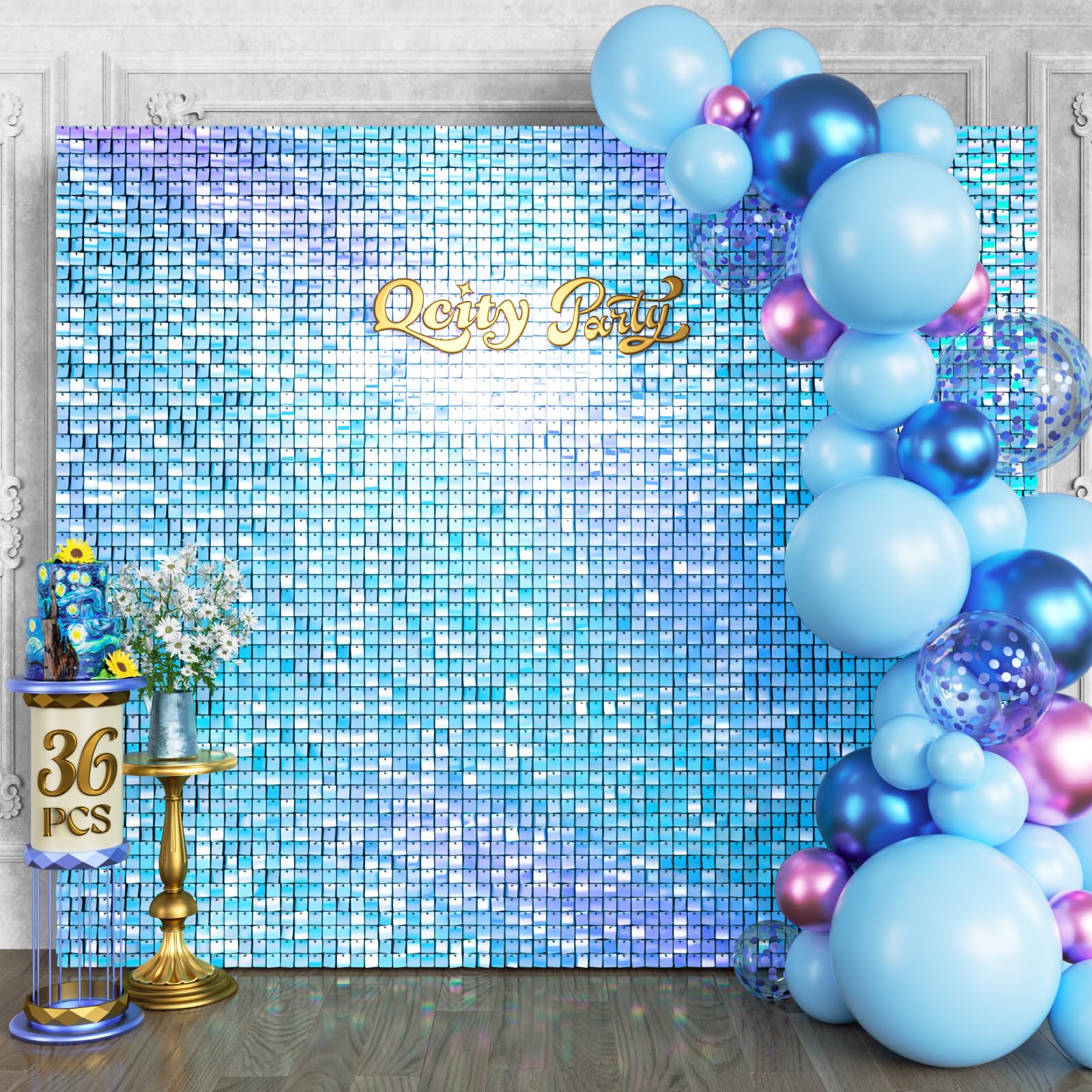 Qcity Rainbow Blue Shimmer Wall Backdrop 36PCS, Black Back Not See-Through Design, Square Sequin Glitter Backdrop Panel, Perfect for Outdoor Events,