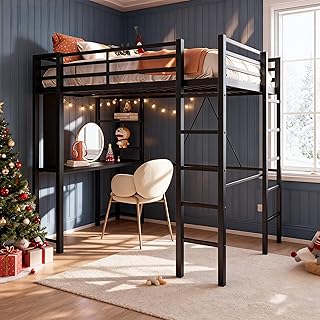SUNLEI Metal Loft Bed Frame with Desk, Full Size Loft Bed with 2 Built-in Ladders & Safety Guard, Noise Free for Small Bedroom, Classic Black