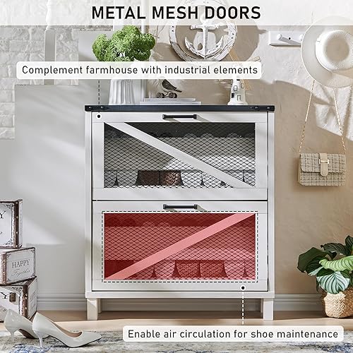 Miniatura 3 de JXQTLINGMU Armario de zapatos con 2 cajones abatibles, armario de almacenamiento de zapatos de granja con puertas de malla y estantes ajustables,