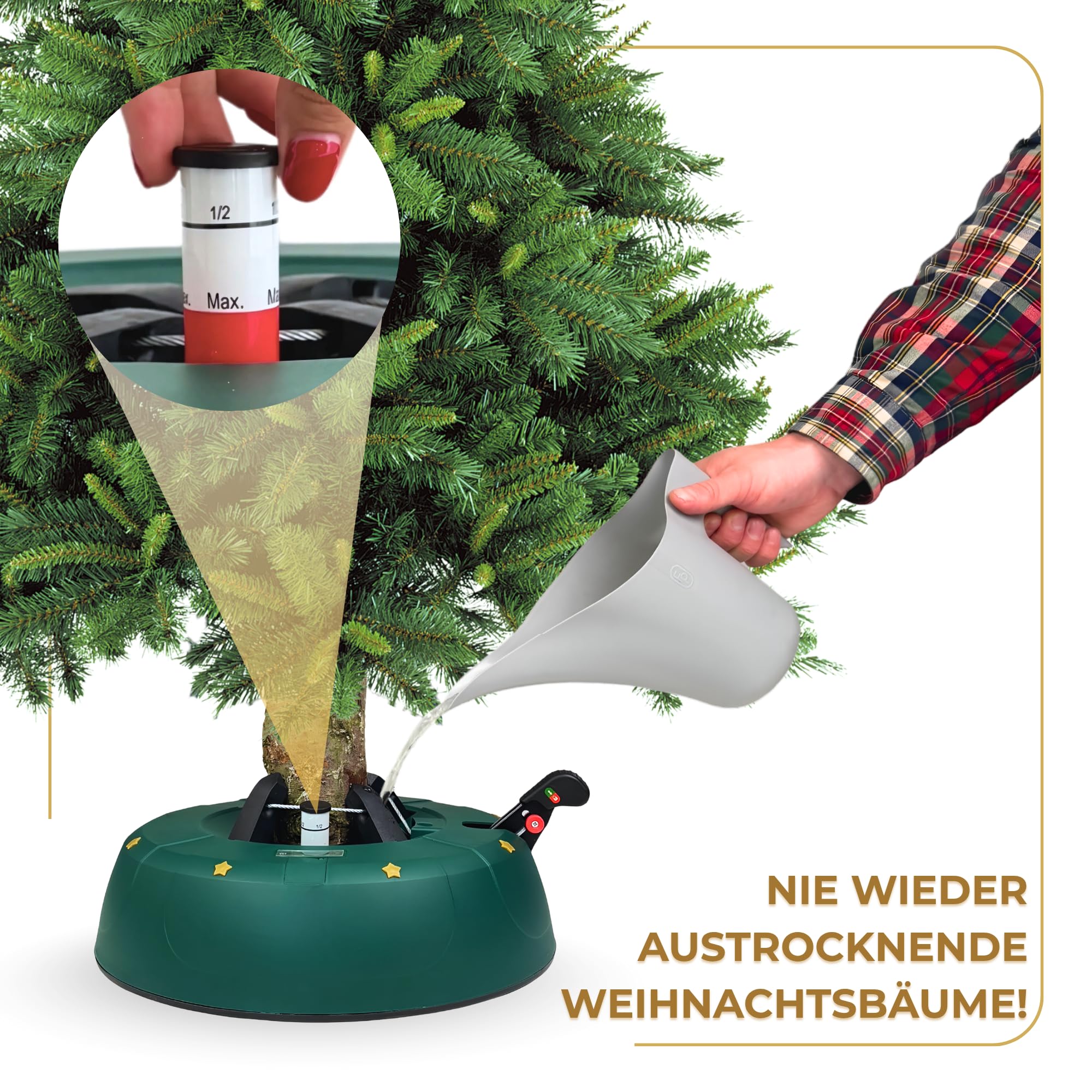 Robuster Christbaumständer für Baumhöhe bis 3,5m, mit Fußpedal und Einseiltechnik, inkl. 3,5L Wassertank, Weihnachtsbaumständer mit Sicherheitssystem, Grün (Matt) – Kamai Select 3.5