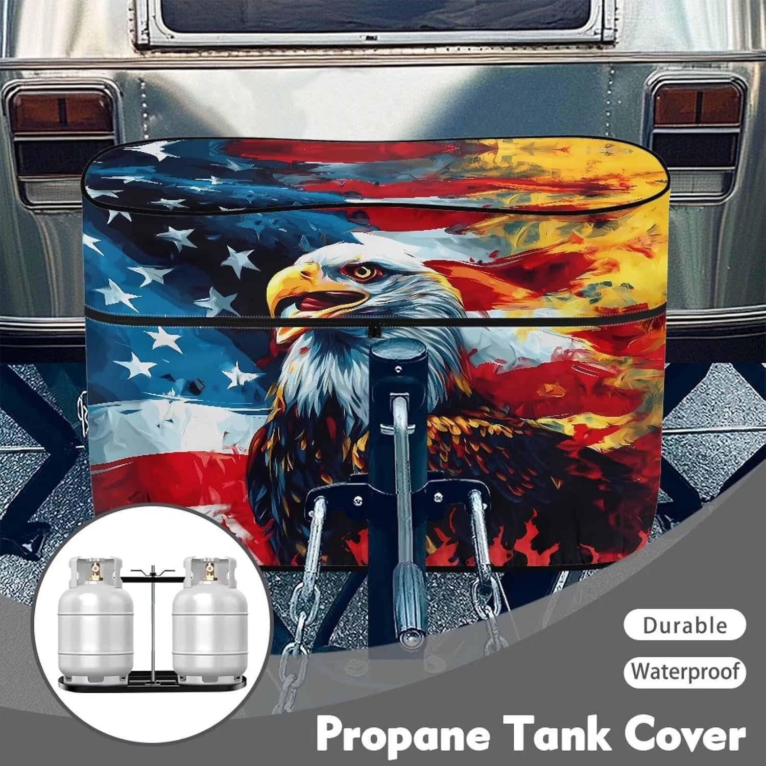 American Flag Flaming Eagle Propane Tank Cover RV Propane Tank Cover Propane Tank Cover for RV Trailer Double 20lb-40lb Propane Tank Cover Trailer Travel Accessories