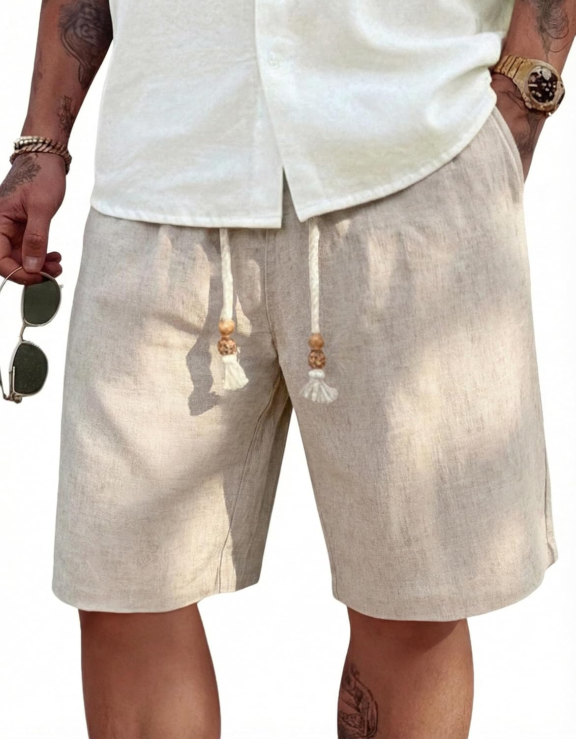 COOFANDY Men's Linen Shorts Casual Elastic Waist Drawstring Summer Beach Shorts