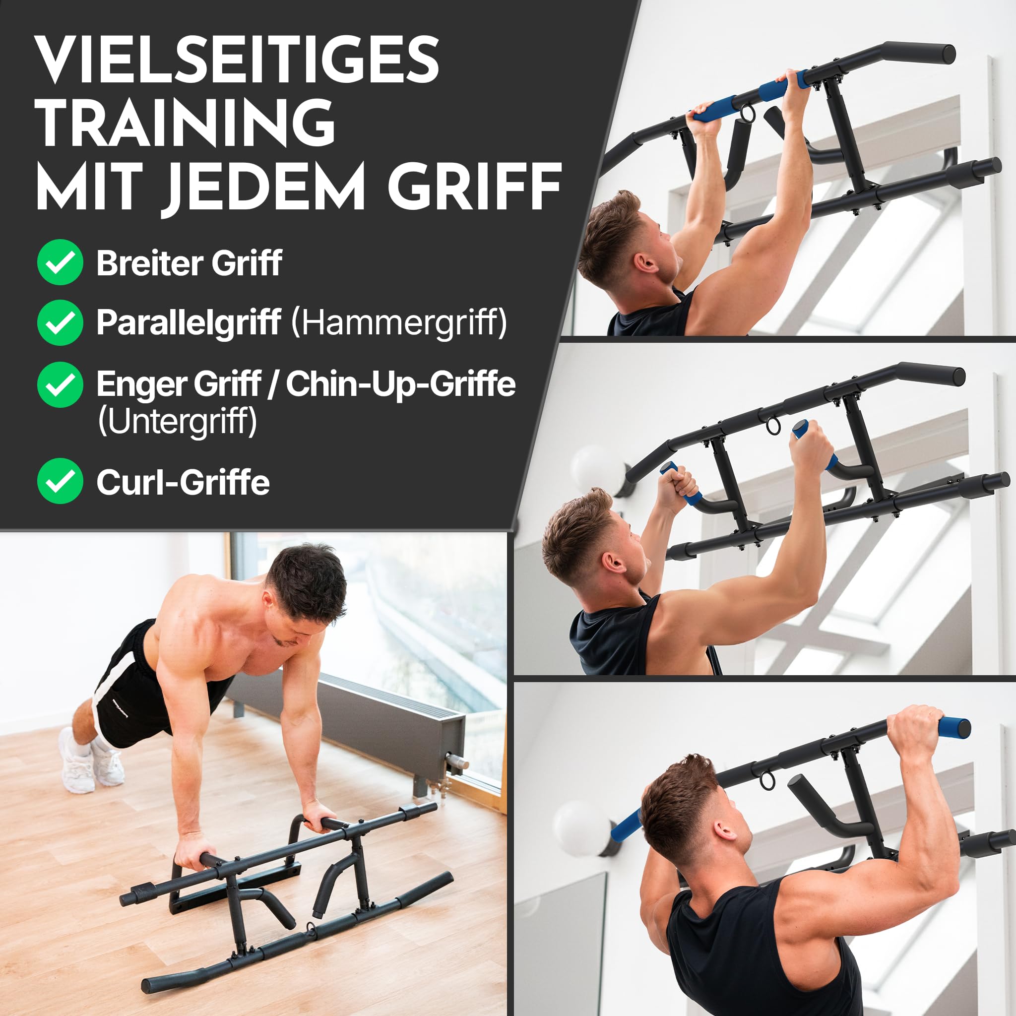 NEOLYMP Premium Klimmzugstange Türrahmen - Türreck mit einstellbarer Höhe, Breite & Tiefe 15–43 cm - Reckstange mit 150 kg Tragkraft - Pull-up Bar ohne Schrauben, einfach in Türrahmen einhängen
