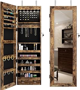 SDHYL Mirror Jewelry Cabinet,Jewelry Armoire Organizer with Full Length Mirror,Wall/Door Mounted Body Mirror with Jewelry Storage for Earrings Rings Necklace Cosmetic,Rustic Brown