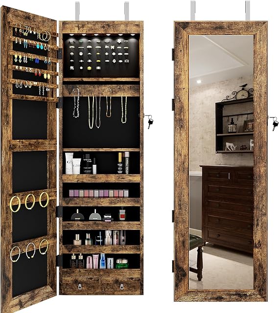 SDHYL Mirror Jewelry Cabinet,Jewelry Armoire Organizer with Full Length Mirror,Wall/Door Mounted Body Mirror with Jewelry Storage for Earrings Rings Necklace Cosmetic,Rustic Brown