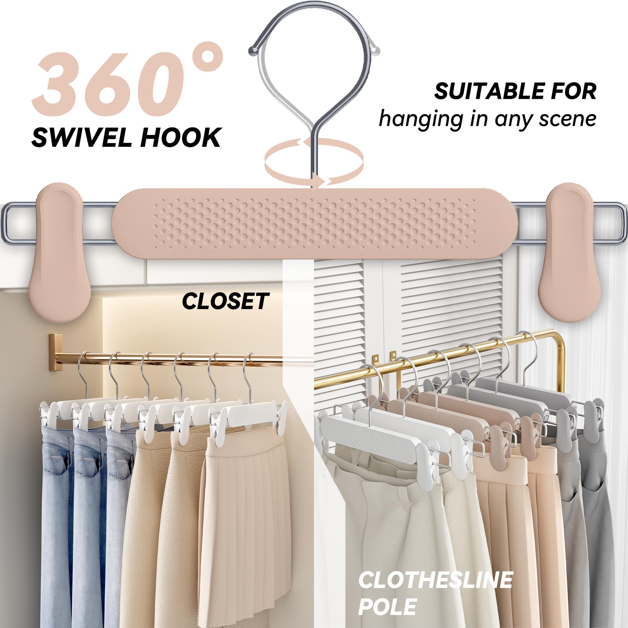 Confezione da 30 grucce per gonne e pantaloni, in rilievo, con clip, regolabili, resistenti, per bambini, bambini, pantaloncini, salvaspazio, antiscivolo, con gancio girevole a 360° (albicocca)