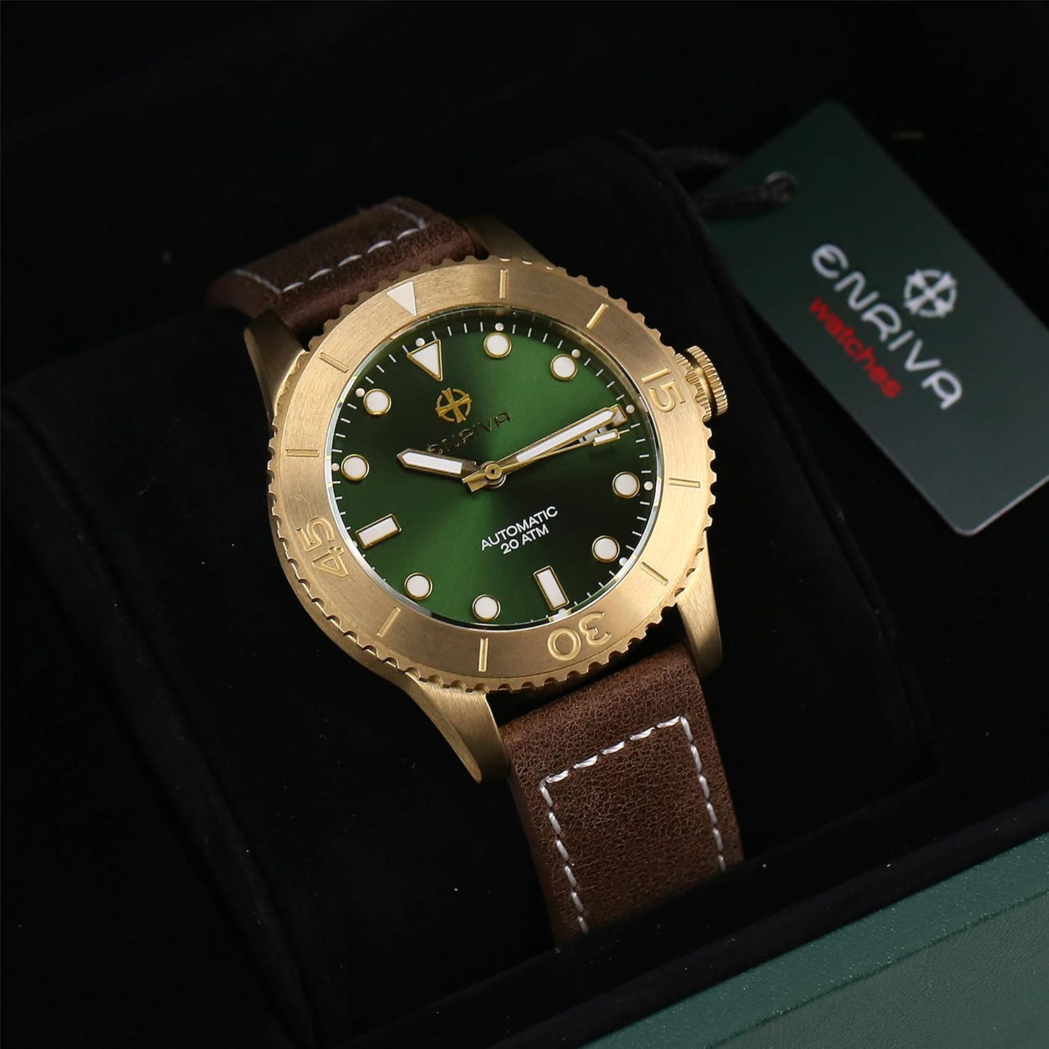 ENRIVA Mens 200m Water Resistant Bronze Pro Driver Wathces Self Wind Military Watches for Men Dive Wristwatch,Diving Watches for Men with Japanese NH35 Automatic Movement,Super Luminous,Leather Strap