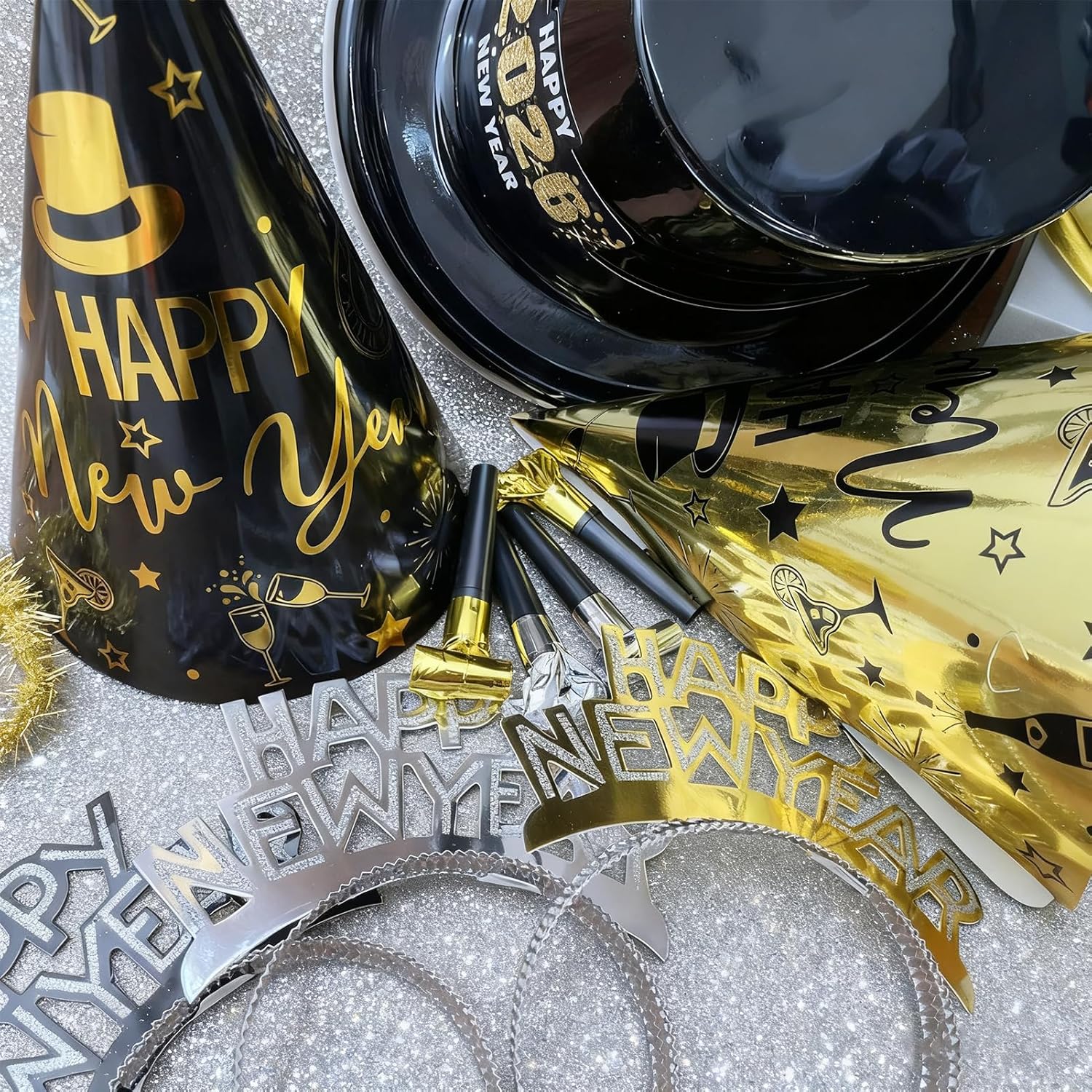 52 Pcs New Years Eve Party Supplies 2026 Happy New Years Decorations Party Favors Includes Top Hats Headband Tiara Horns Metallic Noisemakers Accessories for NYE Party Supplies - Image 3