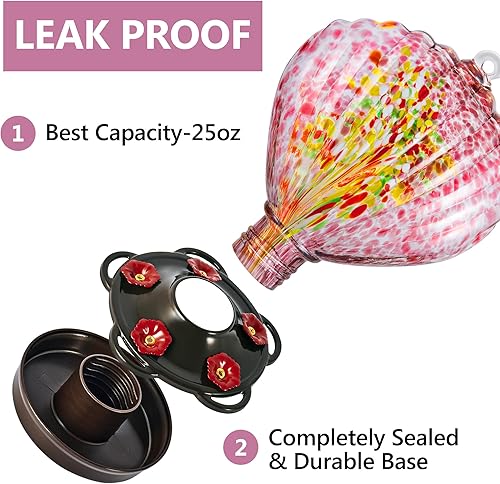 Miniatura 9 de LUJII Comedero para colibríes de vidrio soplado a mano en forma de concha marina para colgar en exteriores, a prueba de óxido y fugas, 25 onzas