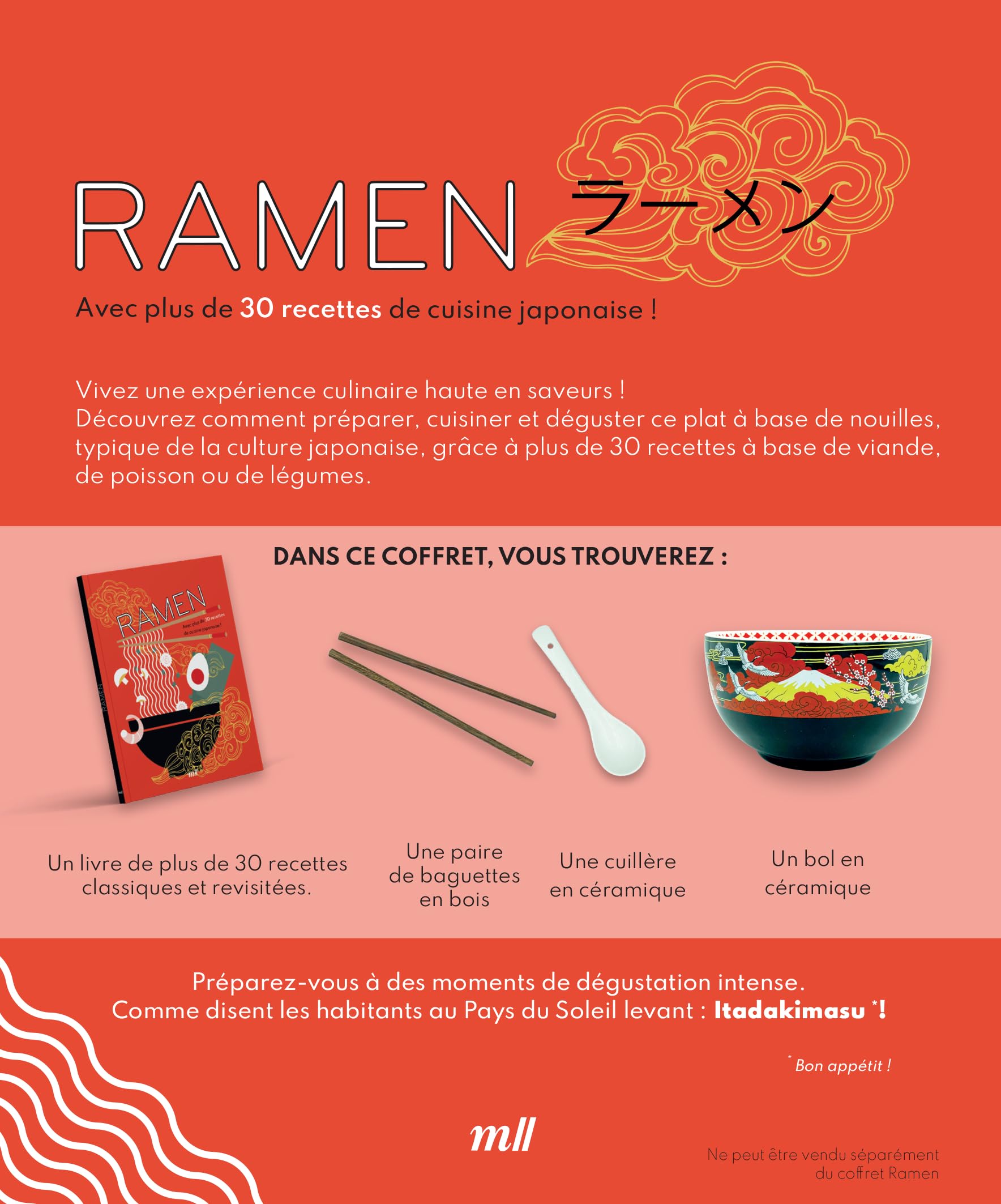 Coffret Ramen - Avec plus de 30 recettes de cuisine japonaise !: Un bol et une cuillère en céramique, une paire de baguettes en bois et un livre de 80 pages