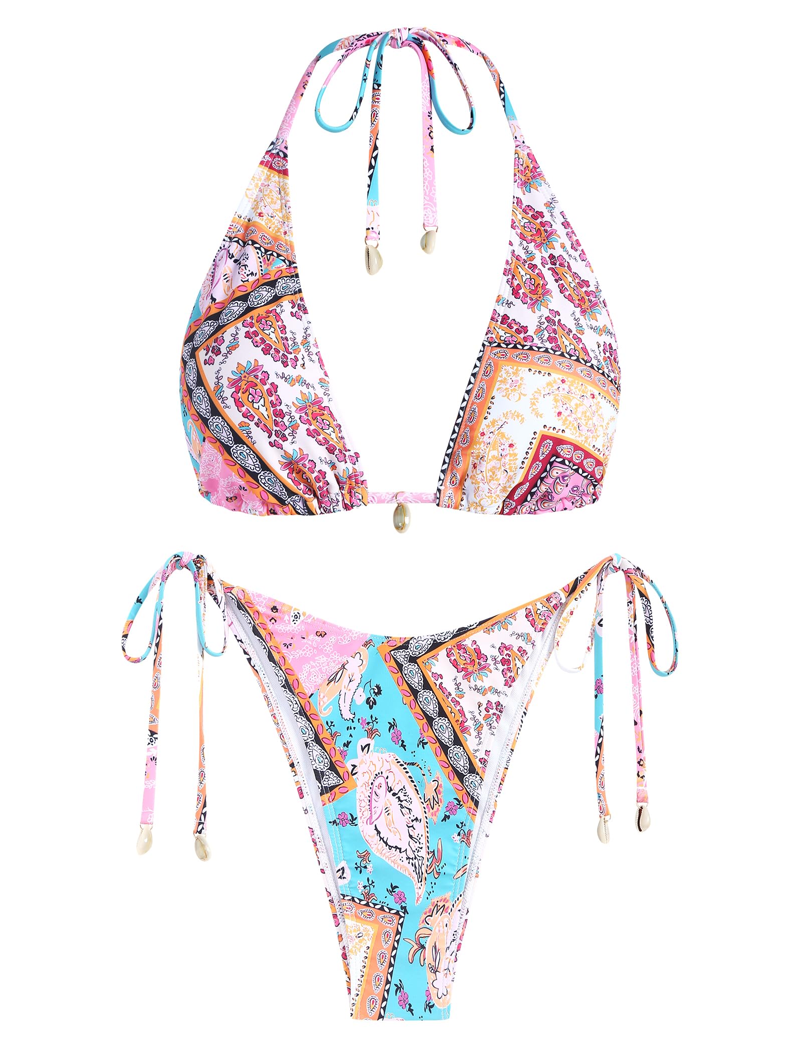 ZAFULWomen's Triangle Bikini Multiway Floral Tie Side Bandeau Halter String Bikini Set Two Piece Swimsuit Bathing Suits