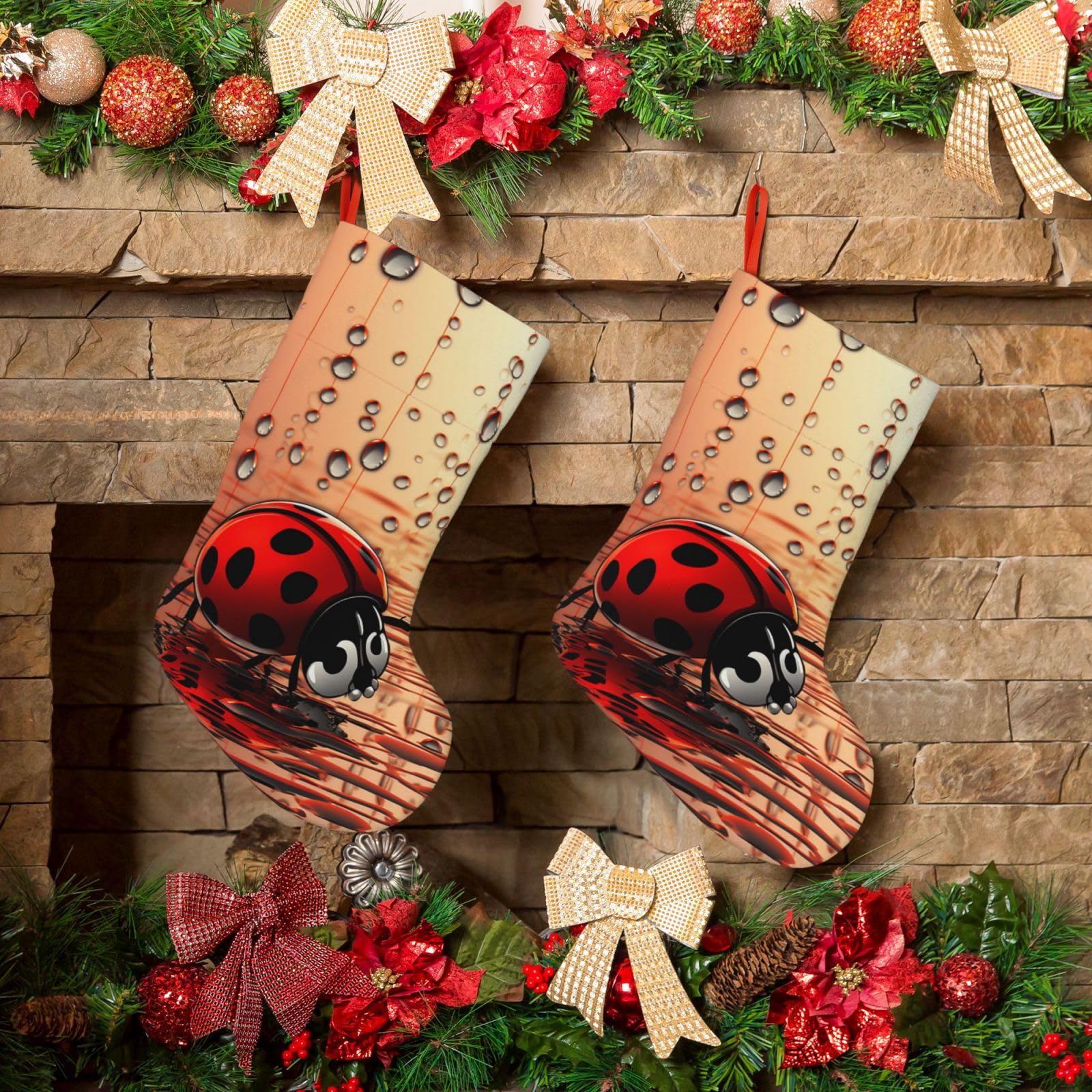 Art Ladybug Tracks Christmas Stockings 18 Inches Velvet Xmas Fireplace Hanging Stocking Rustic Christmas Santa Stockings for Home Christmas Decorations Party Favor Supplies