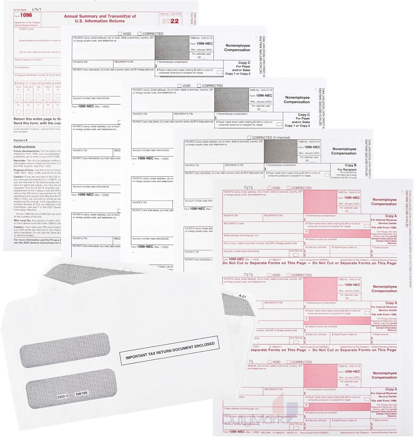 1099 NEC Tax Forms 2022, and 25 Security Envelopes, 25 4 Part Laser Tax Forms Kit, Great for QuickBooks and Accounting Software, 2022 1099 NEC, 25 Pack : Office Products
