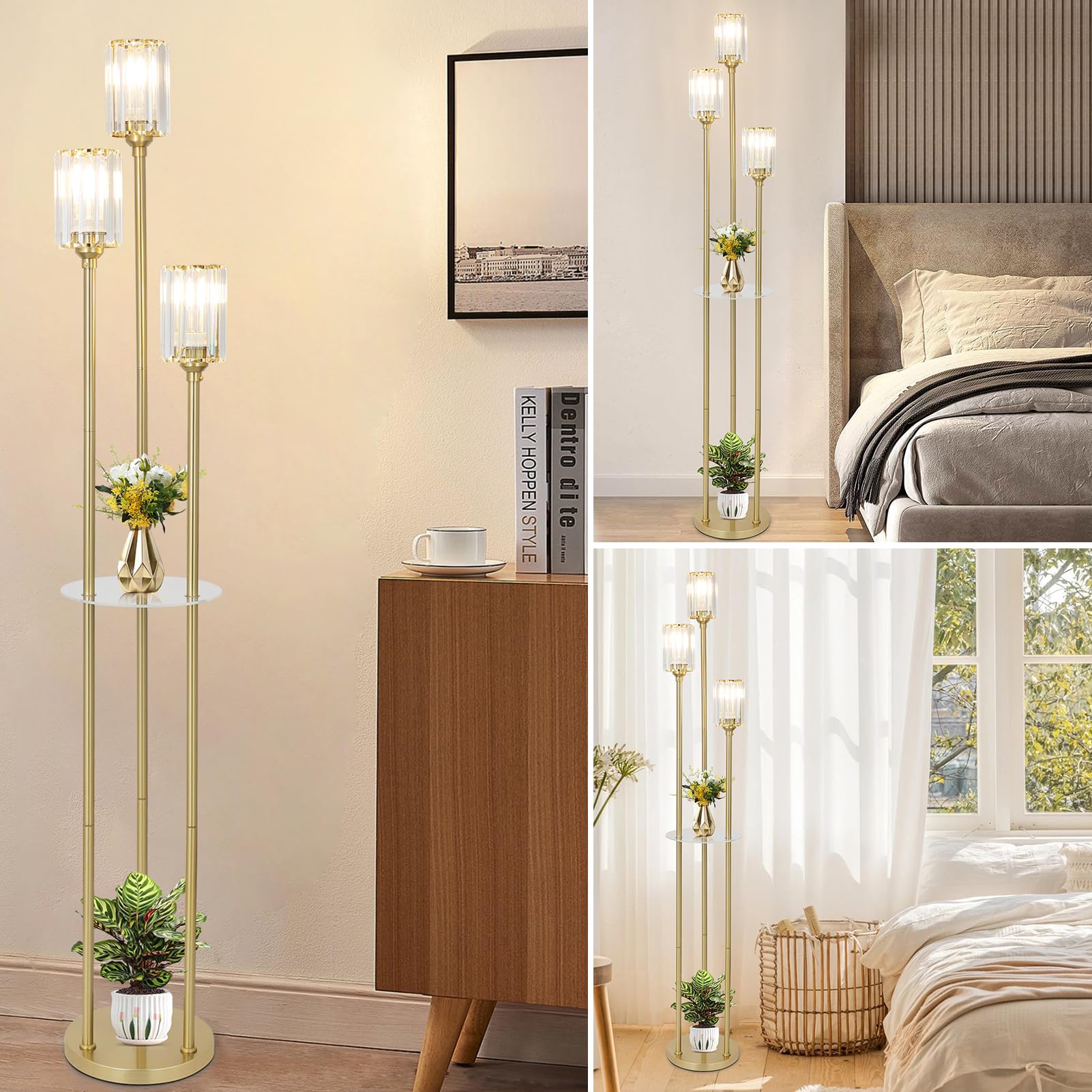 Rayofly Gold Stehlampe Wohnzimmer, Modern Stehlampe mit Regal, 3-flammige Vintage Stehleuchte mit Glas Lampenschirm & Fußschalter, Kristall Stehlampen für Schlafzimmer Büro, Glas Stehlampen Wohnzimmer