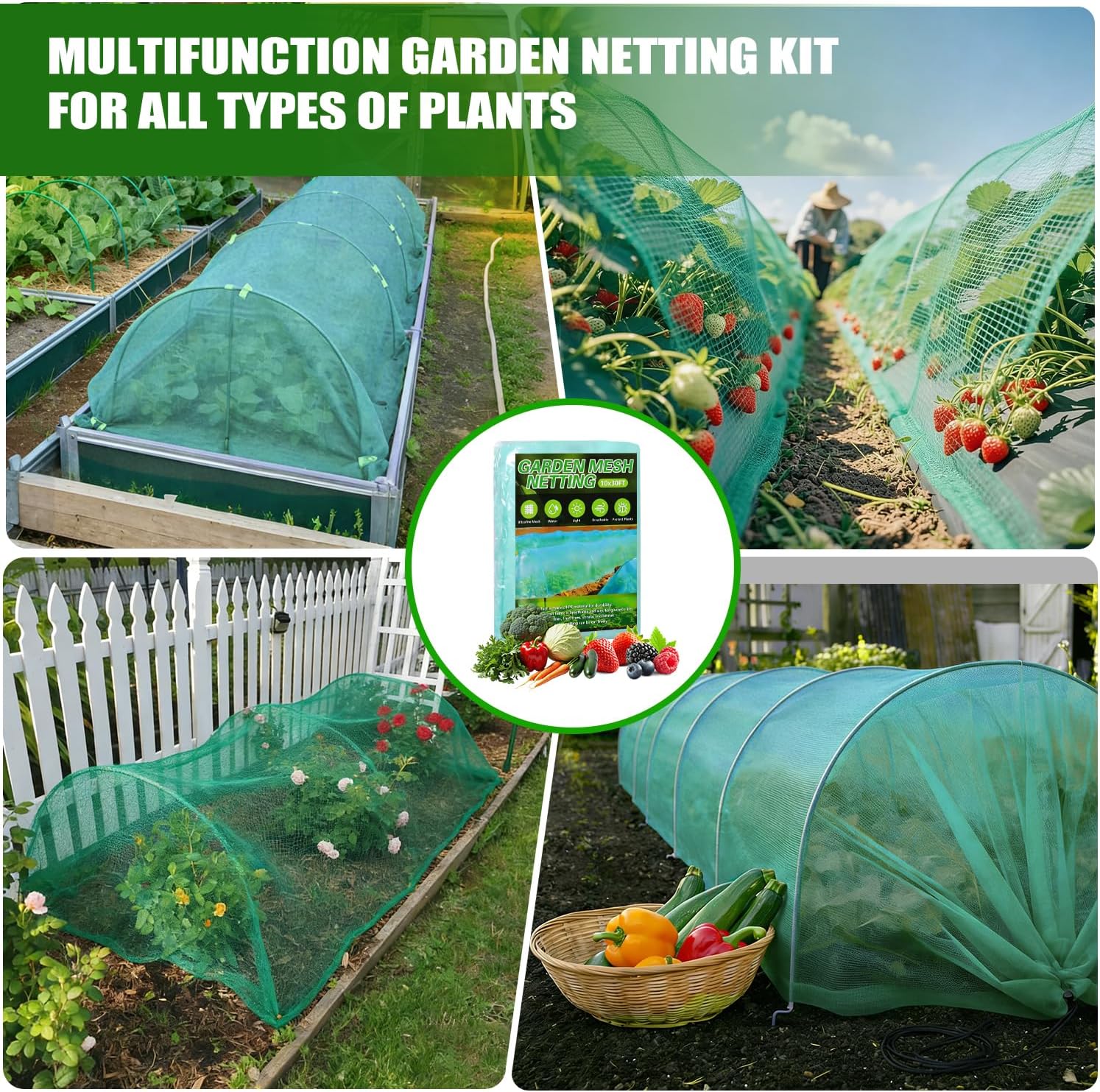 Garden Mesh Netting Kit, 10x30FT Green Ultra Fine Netting & 6 Sets 8FT Fiberglass Garden Hoops with Stake, Garden Netting with Frame for Raised Beds, Garden Hoops and Netting, Row Cover, Plant Barrier