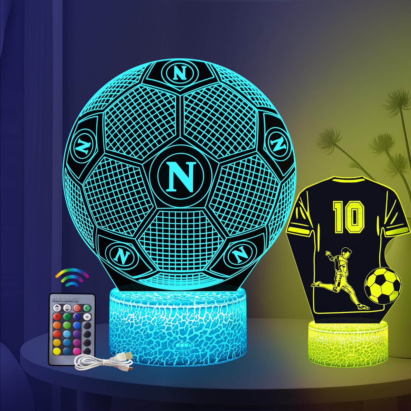 2 Pezzi Napoli Calcio Lampada - Calcio Regalo Bambini, 16 Colori Luce Notturna Calcio Intelligente Con Telecomando a 3D LED Illusione Idea Regalo di Natale Calcio Decorazione Per la Camera dei Bambin