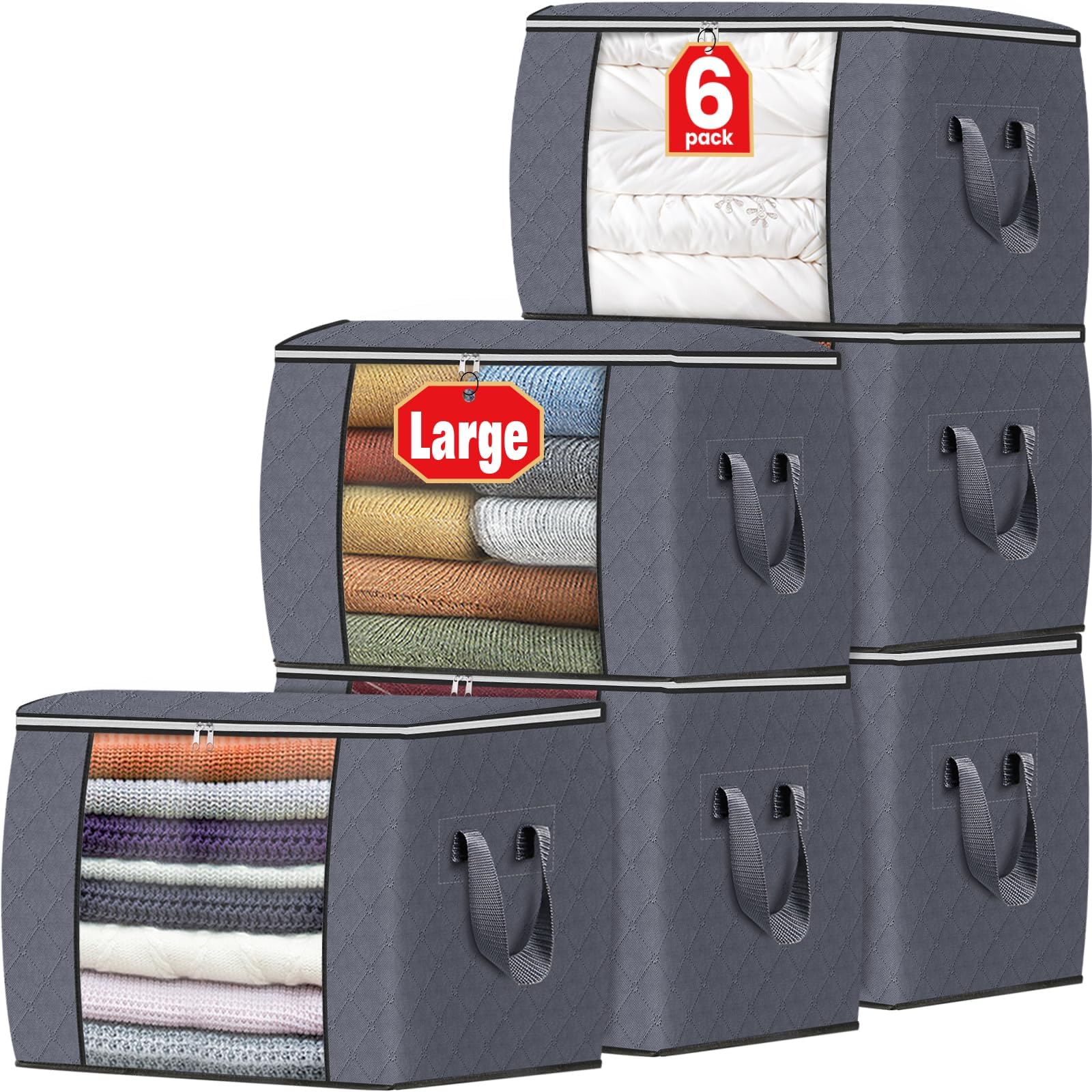 Fab totes Almacenamiento de ropa de 90 L, bolsas plegables de tela gruesa para almacenamiento de mantas, contenedores para organizar dormitorio, armario, ropa, edredón, organización con asa (paquete