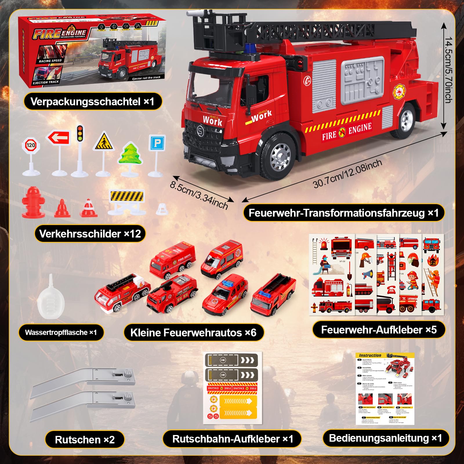 JONRRYIN Feuerwehrauto Groß, Feuerwehr Auto Spielzeug mit Drehleiter, Sound und Licht, Wasserspritz Funktion, Feuerwehr Spielzeugauto, Geschenk für Jungen, Kinder Löschfahrzeug für Junge 3 4 5 Jahre