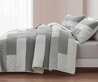 Vista 12 de Chezmoi Collection Cooper - Juego de edredón de retazos de 3 piezas en gris apagado, blanco y marfil con diseño floral y a cuadros - Colcha