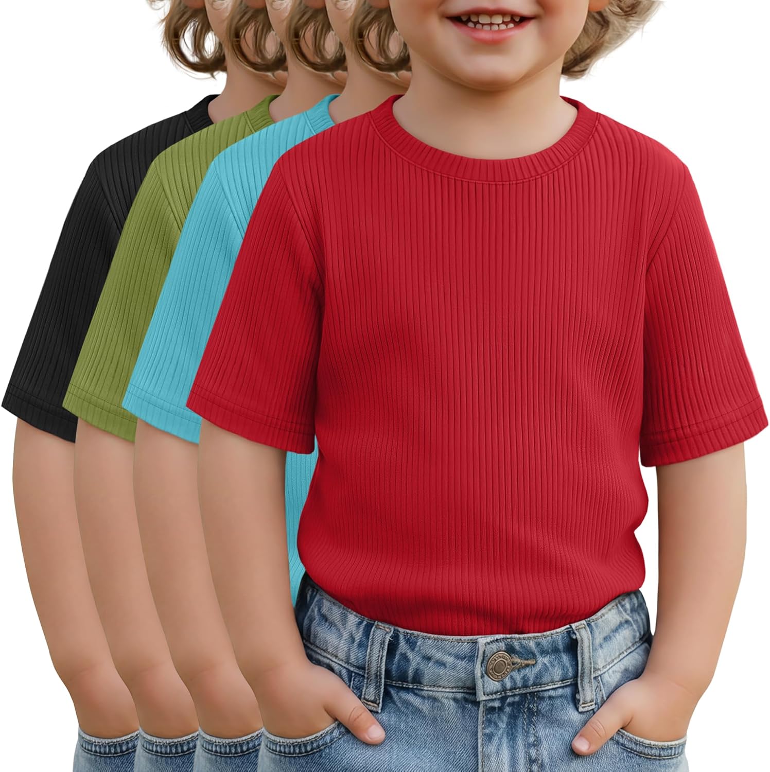 4 Pack Baby Boys Short Sleeve T-Shirts Toddler Ribbed Crew Neck Shirts Basic Tee Tops Summer Clothes 18M-5T